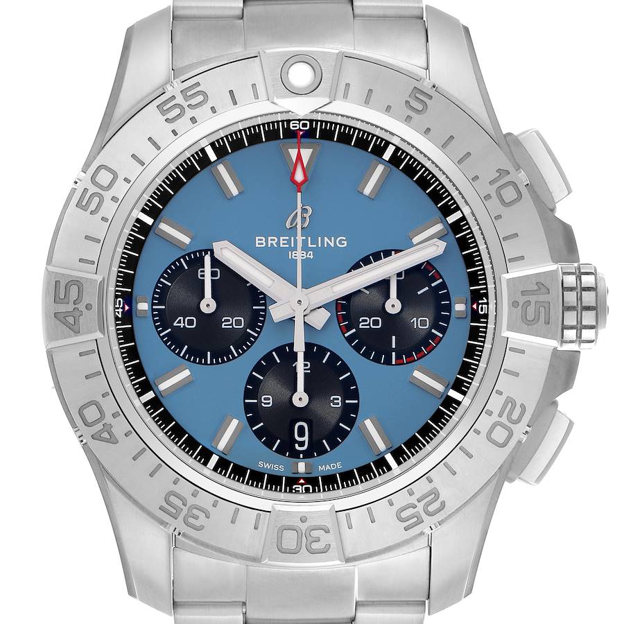 The image shows a front view of a Breitling Avenger watch, highlighting its blue dial, chronograph subdials, and silver bracelet.