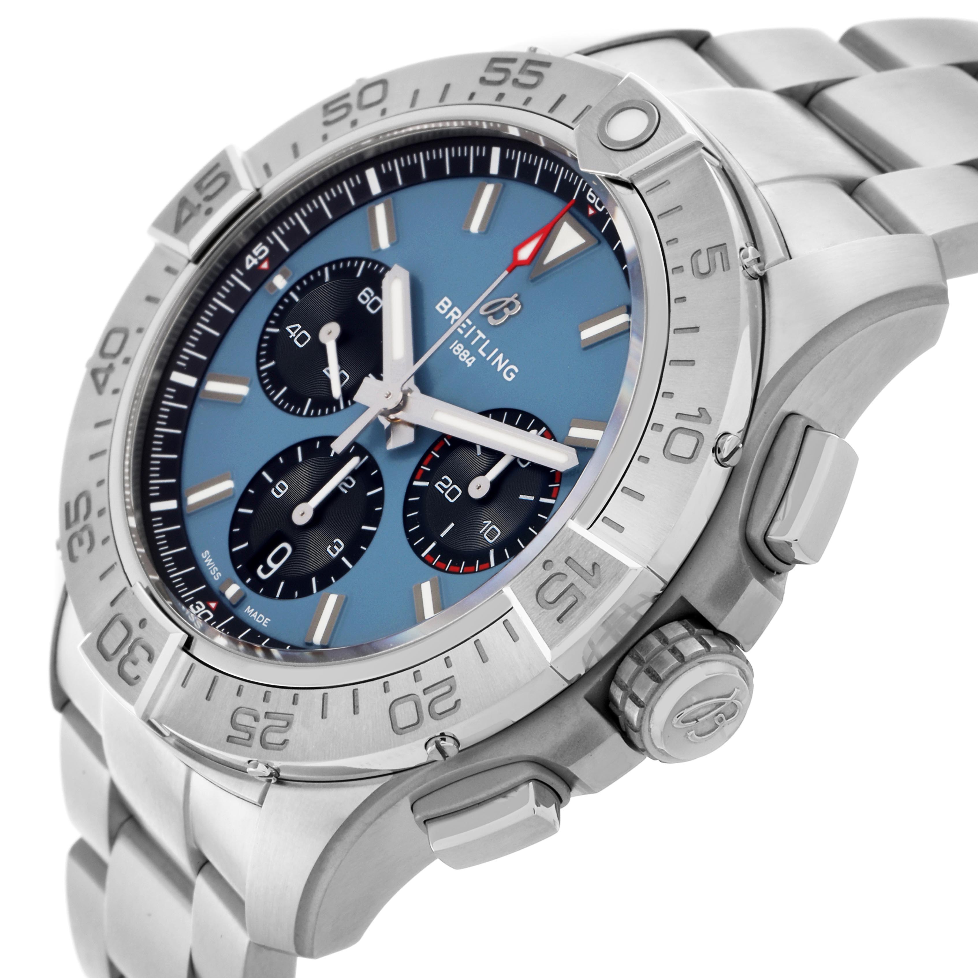 The Breitling Avenger AB0147 Men's Stainless Steel Blue Dial AB0147 Men's Stainless Steel Blue Dial watch is shown at an angled view highlighting the face, bezel, crown, and metal bracelet.