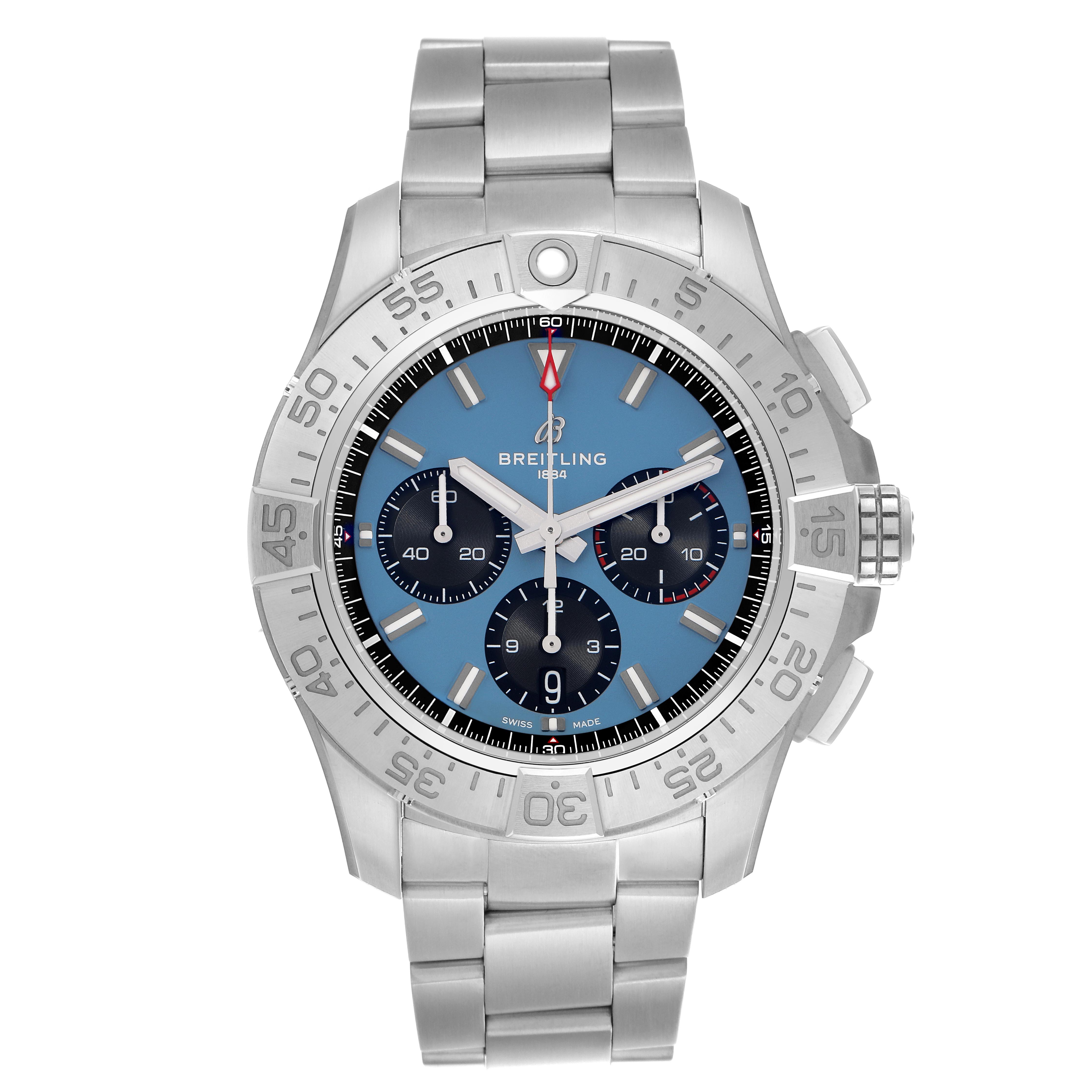 The Breitling Avenger AB0147 Men's Stainless Steel Blue Dial AB0147 Men's Stainless Steel Blue Dial watch is shown from the front, displaying its blue dial, bezel, three subdials, and metal bracelet.