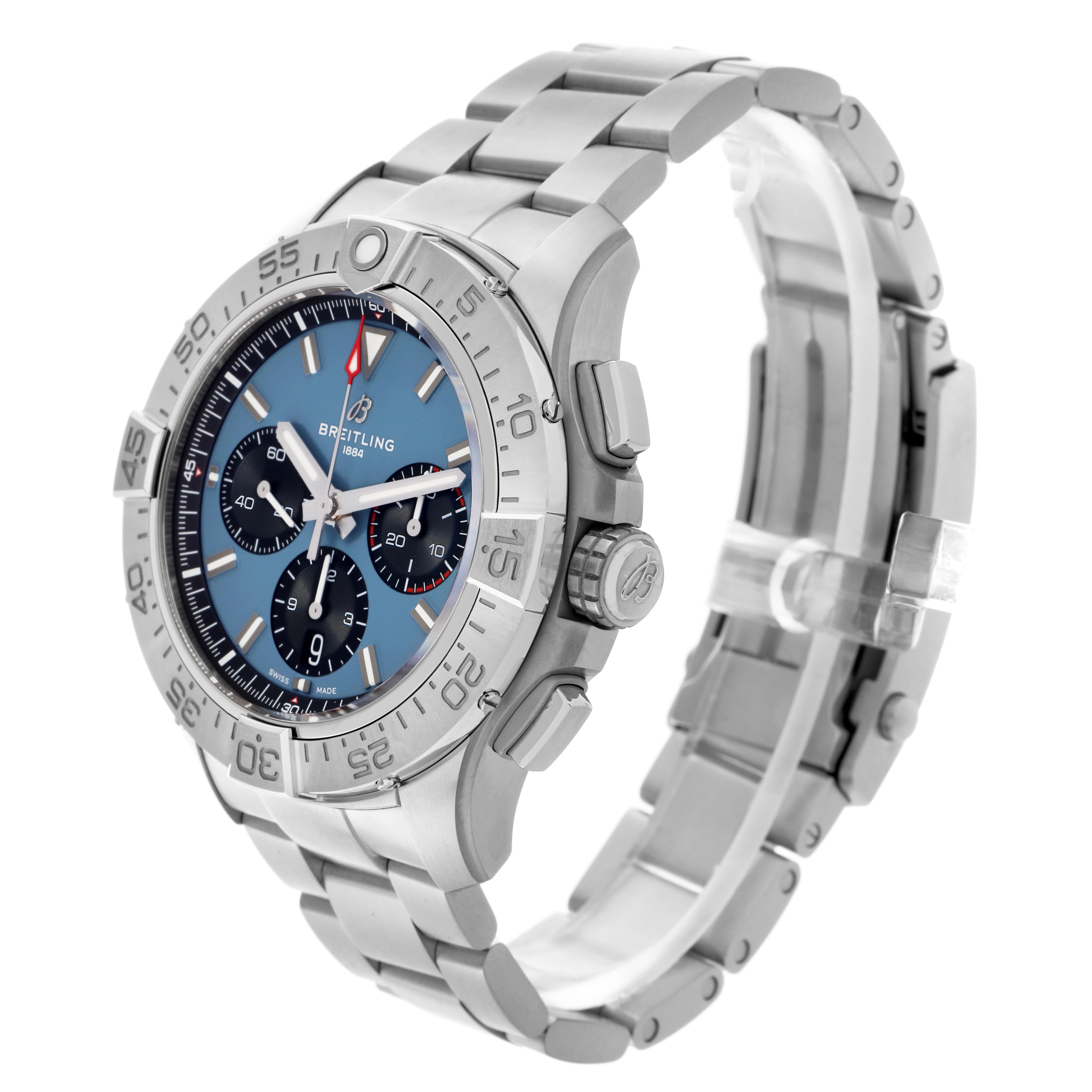 The Breitling Avenger AB0147 Men's Stainless Steel Blue Dial AB0147 Men's Stainless Steel Blue Dial watch is shown at a 3/4 angle, displaying the face, bezel, side buttons, and metal bracelet.
