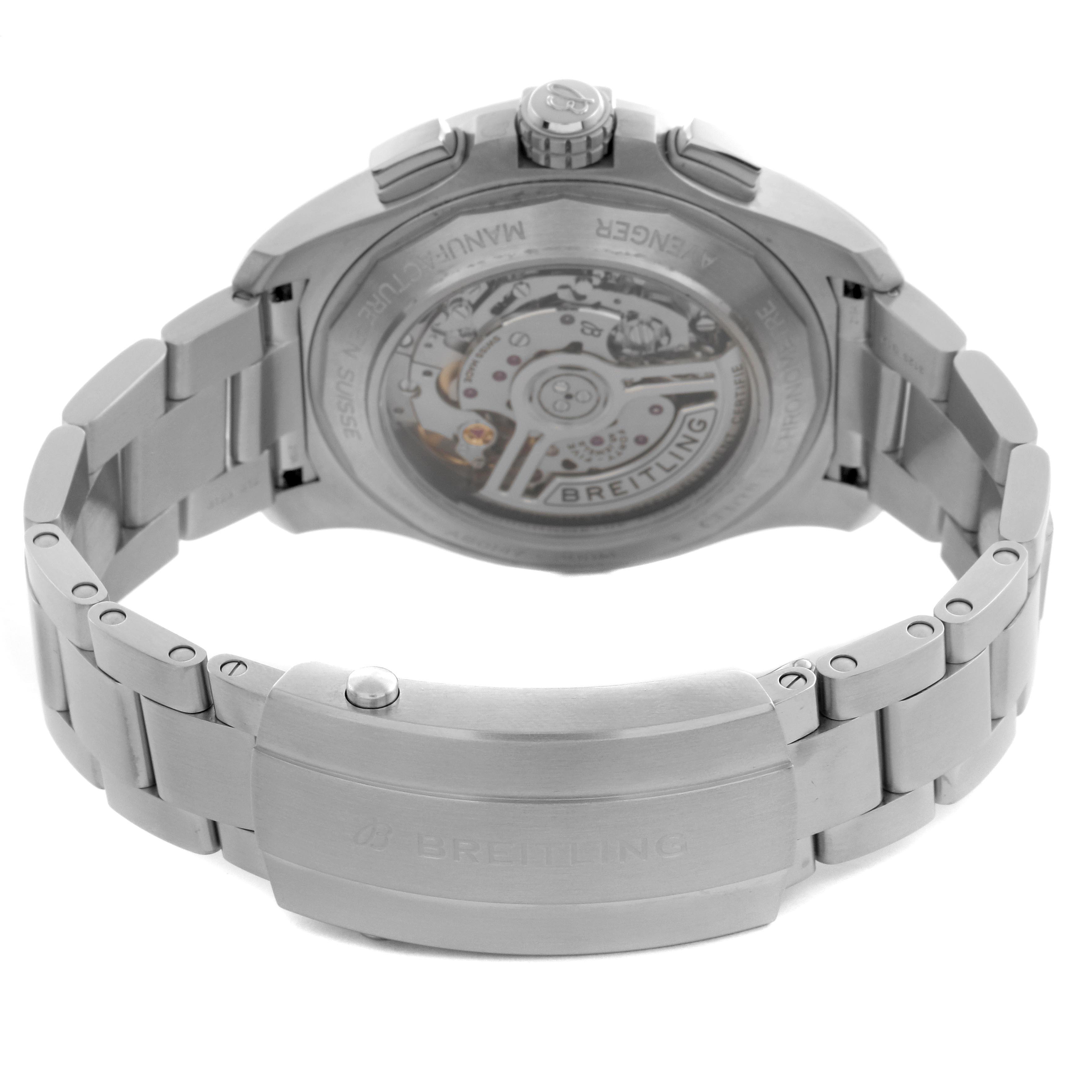 The image shows the back and bracelet of a Breitling Avenger AB0147 Men's Stainless Steel Blue Dial AB0147 Men's Stainless Steel Blue Dial watch, highlighting its transparent case back and bracelet clasp.