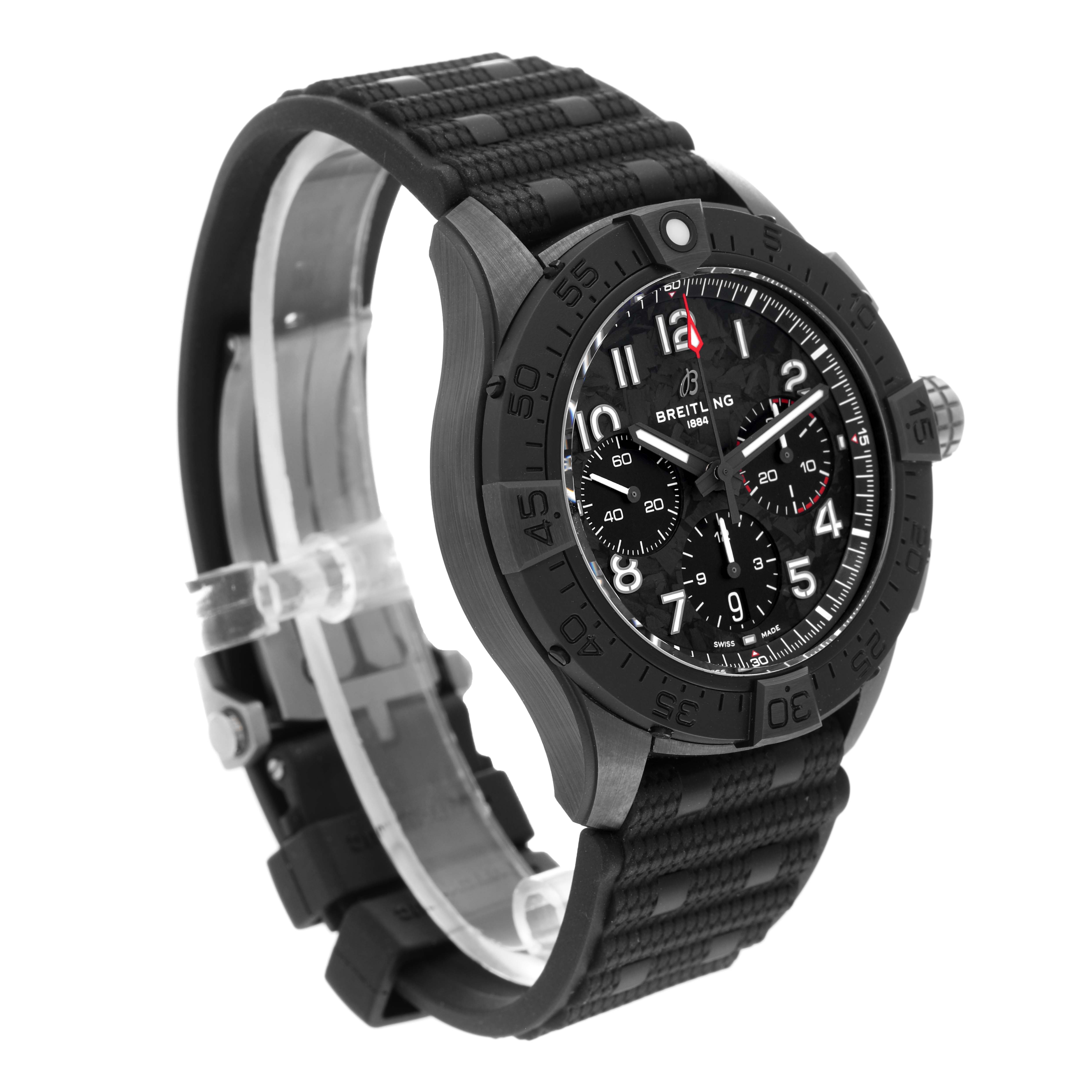 This image shows a Breitling Avenger SB0147 Men's Ceramic Black Dial SB0147 Men's Ceramic Black Dial watch from a front-side angle, featuring its dial, bezel, and strap.