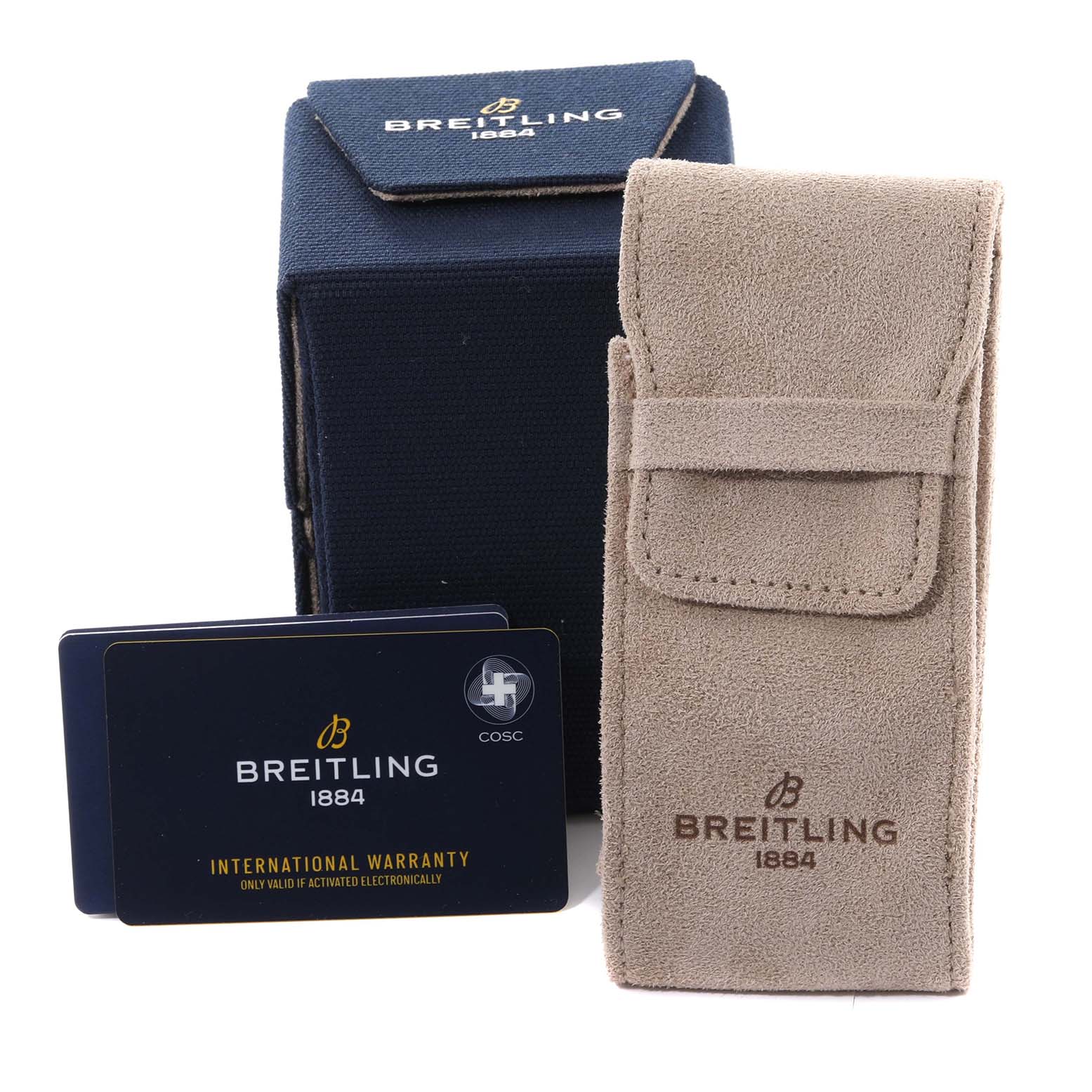 The image shows the packaging box, suede pouch, and warranty cards for the Breitling Avenger SB0147 Men's Ceramic Black Dial SB0147 Men's Ceramic Black Dial model.