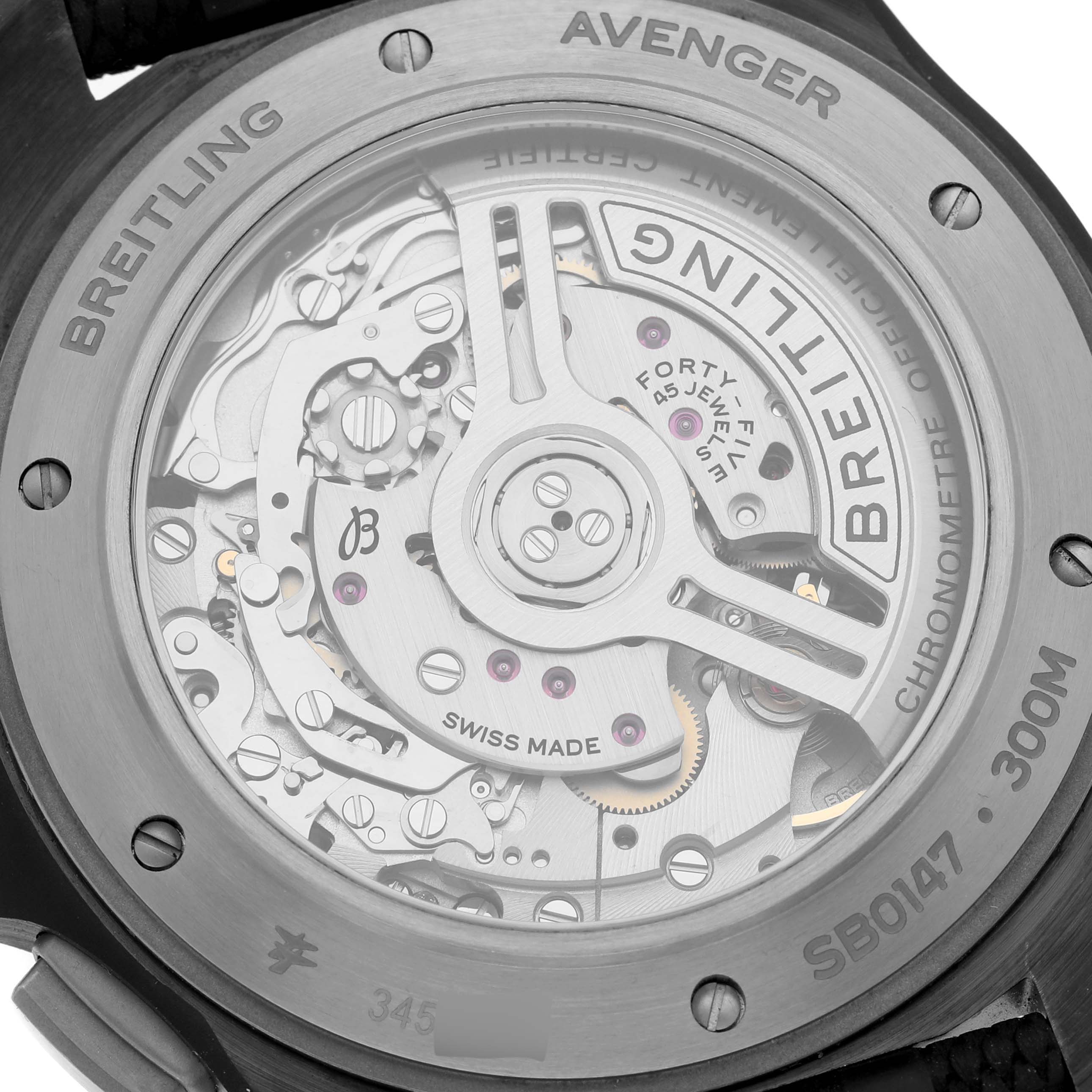 This image shows the back case and visible movement of a Breitling Avenger SB0147 Men's Ceramic Black Dial SB0147 Men's Ceramic Black Dial watch.