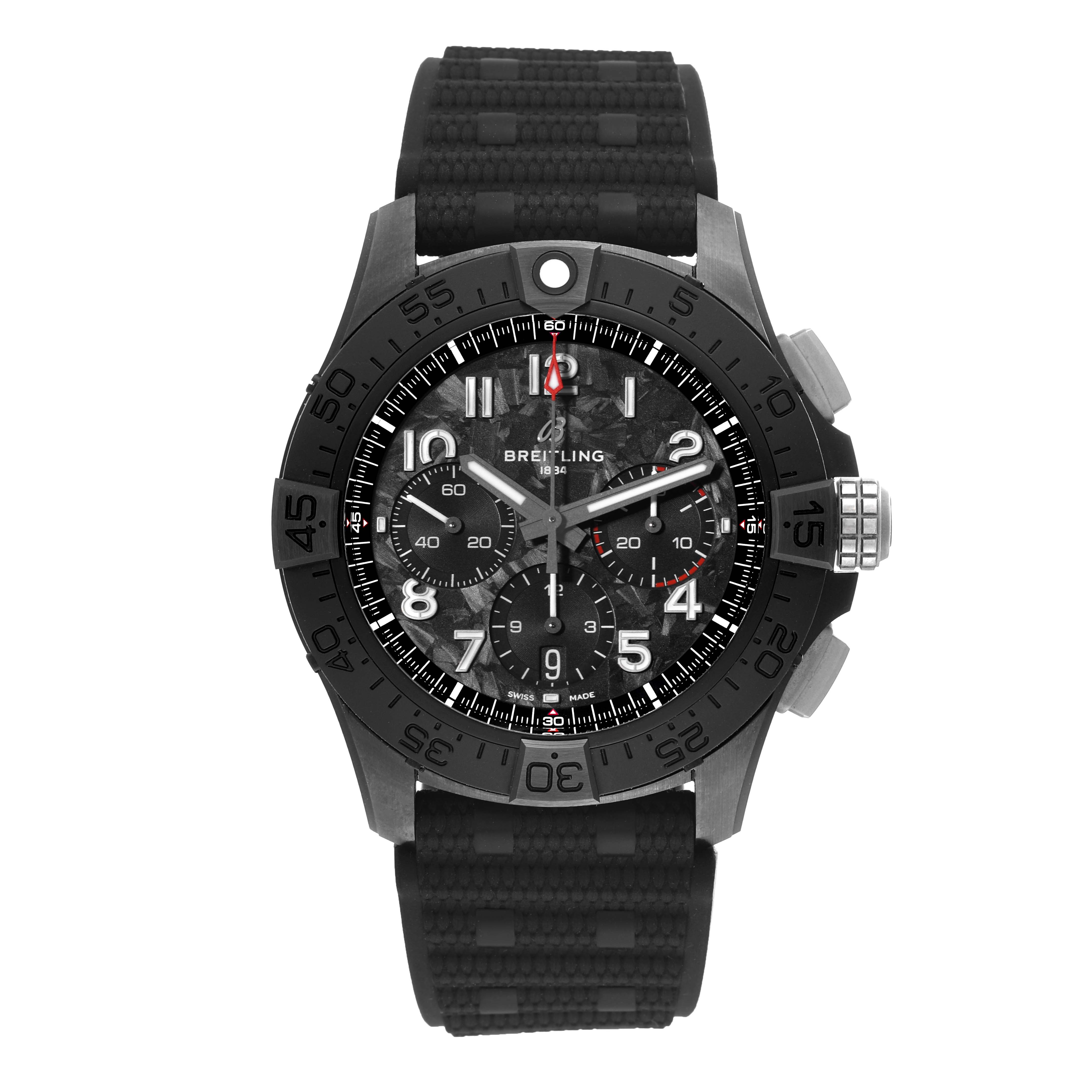 The image shows a front view of the Breitling Avenger SB0147 Men's Ceramic Black Dial SB0147 Men's Ceramic Black Dial model watch, highlighting its face, bezel, and band.