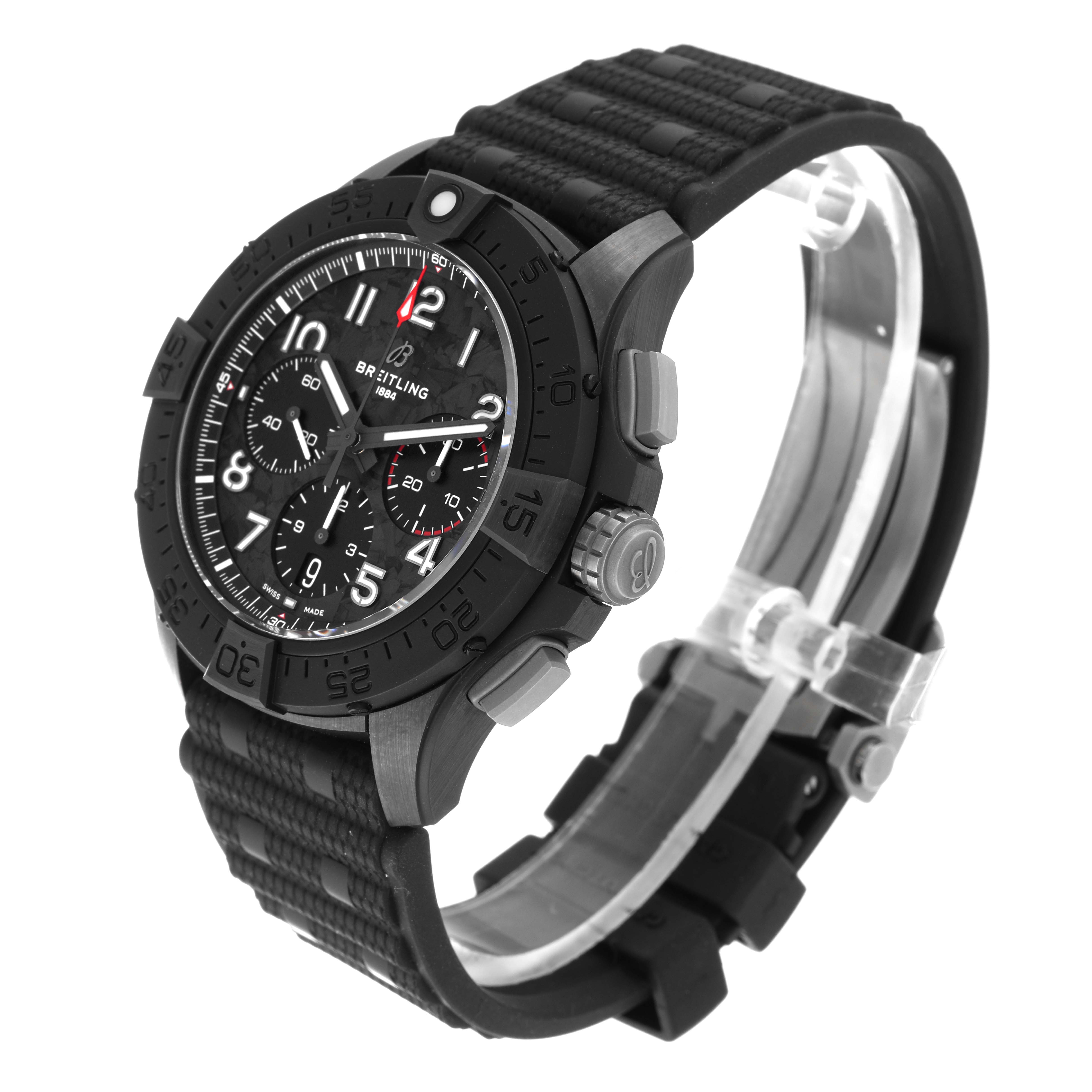 The image shows a Breitling Avenger SB0147 Men's Ceramic Black Dial SB0147 Men's Ceramic Black Dial watch at a three-quarter angle, highlighting its face, bezel, and strap.