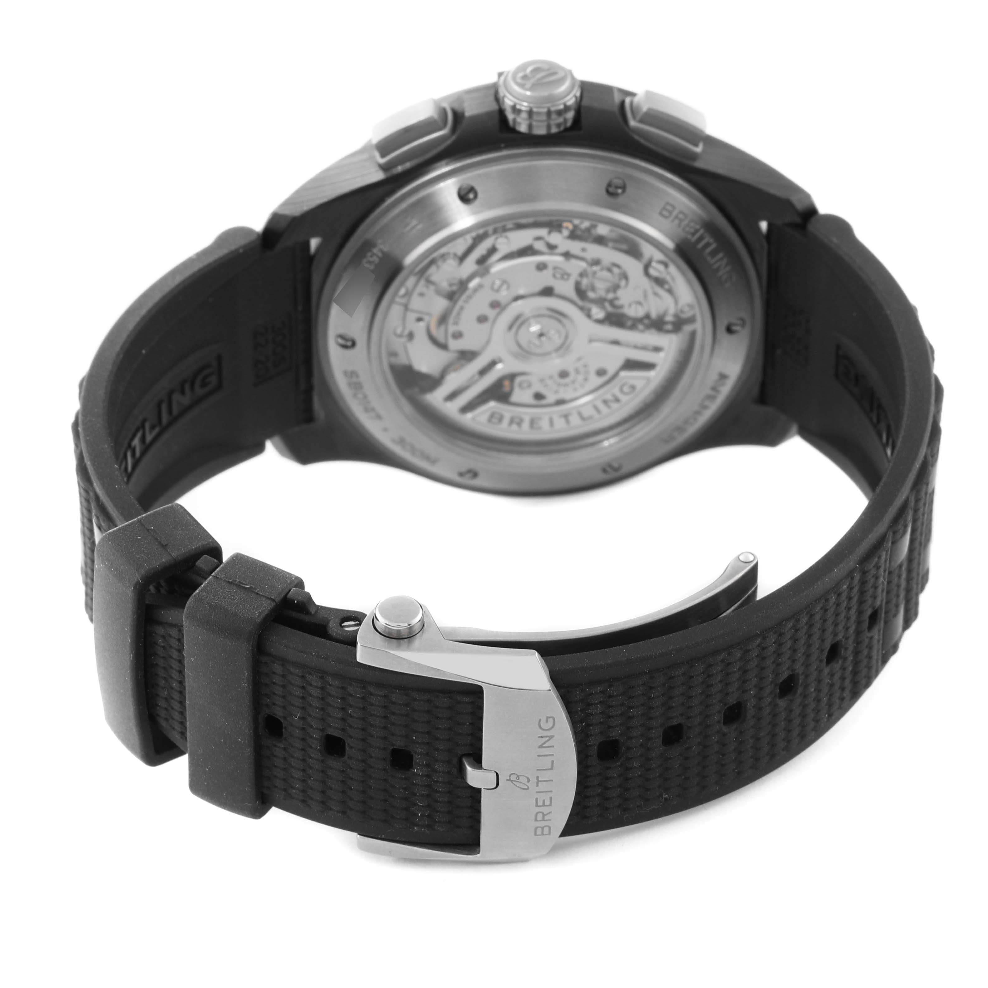 This image shows the back view of a Breitling Avenger SB0147 Men's Ceramic Black Dial SB0147 Men's Ceramic Black Dial watch, highlighting its transparent case back and rubber strap with a clasp.