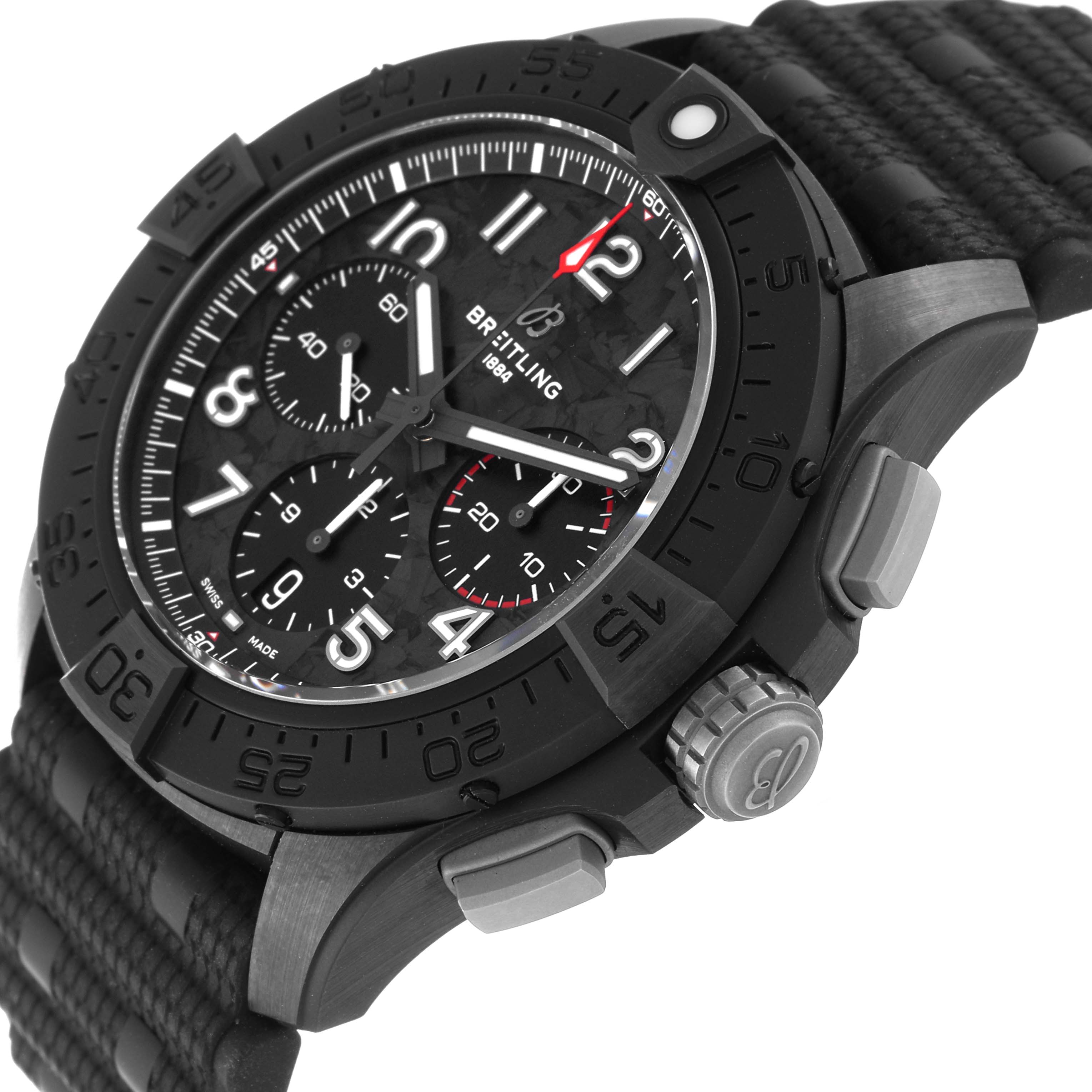 The Breitling Avenger SB0147 Men's Ceramic Black Dial SB0147 Men's Ceramic Black Dial watch is shown at an oblique angle, highlighting the face, bezel, crown, and part of the strap.