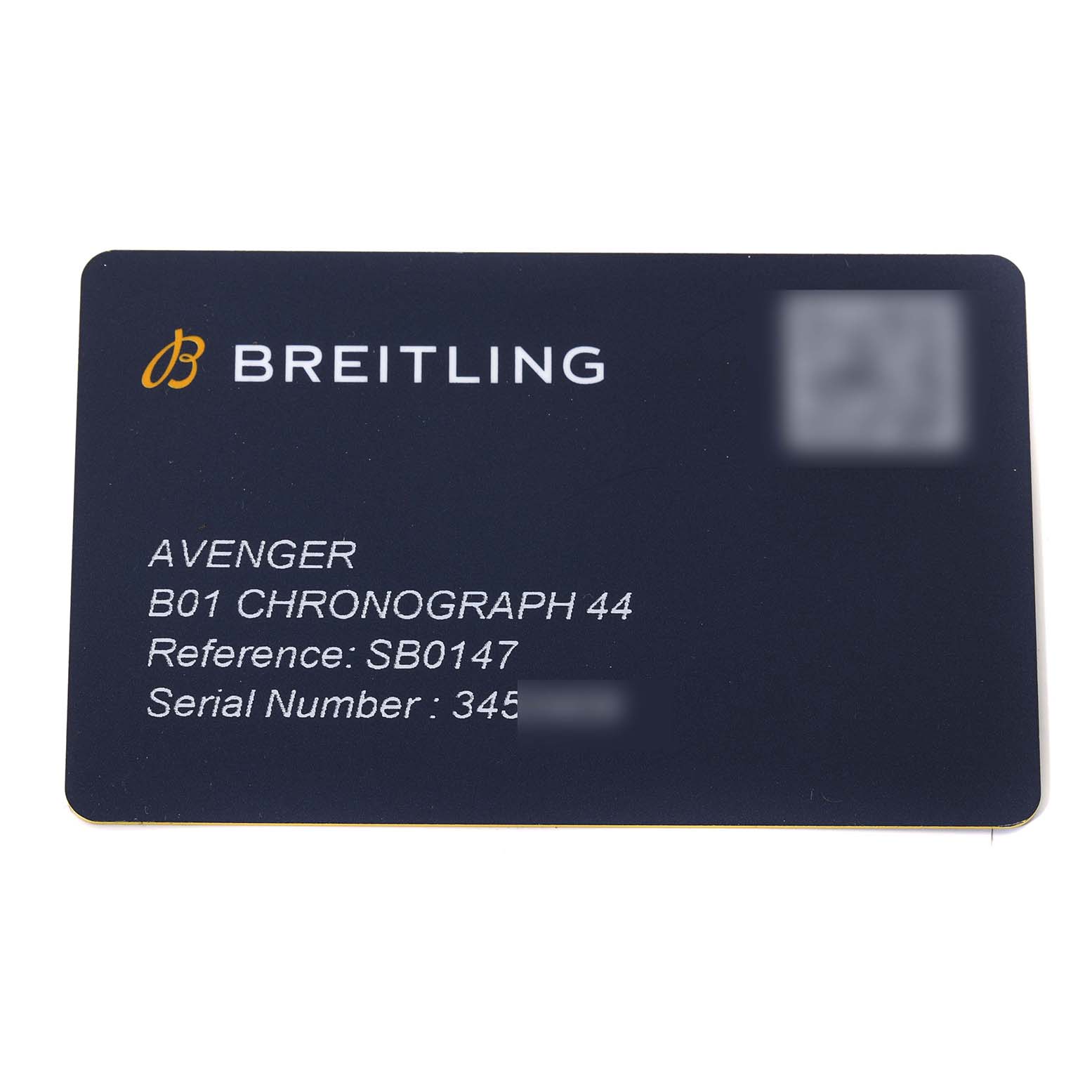 This image shows a certification card for the Breitling Avenger SB0147 Men's Ceramic Black Dial SB0147 Men's Ceramic Black Dial B01 Chronograph 44 watch, displaying brand, model, reference, and serial number.