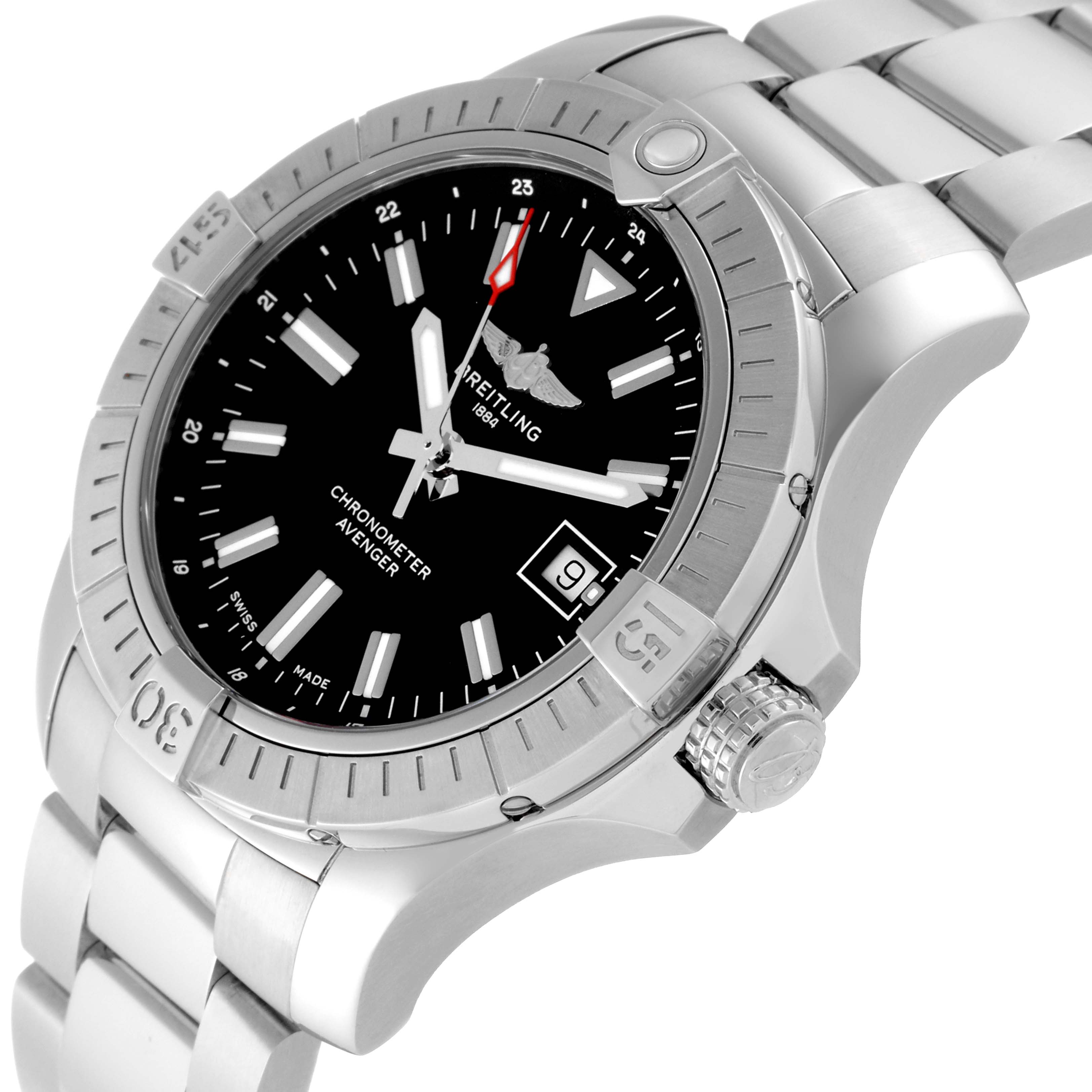 The image shows a Breitling Avenger A17318101B1A1 Men's Stainless Steel Black Dial A17318101B1A1 Men's Stainless Steel Black Dial watch from a slight low angle, highlighting the bezel, dial, crown, and part of the bracelet.