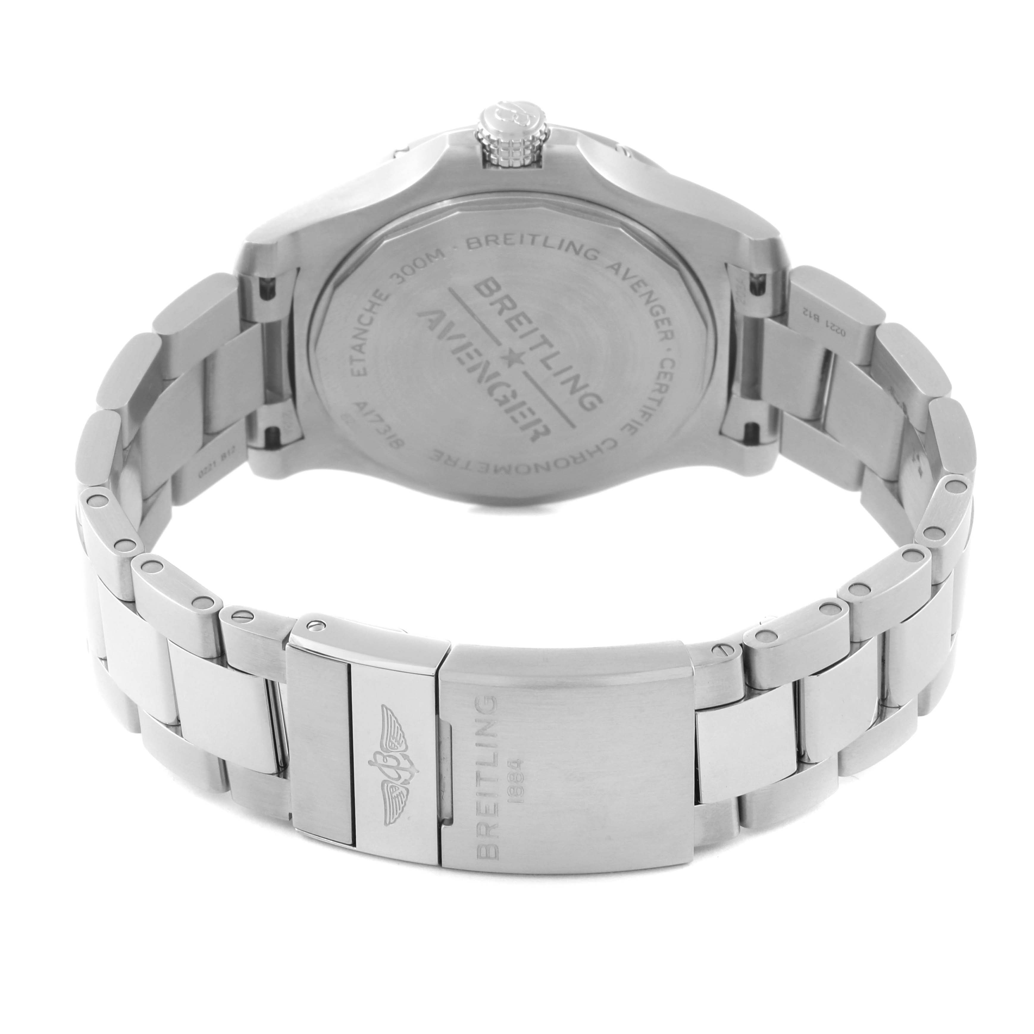 This image shows the back case and bracelet of a Breitling Avenger A17318101B1A1 Men's Stainless Steel Black Dial A17318101B1A1 Men's Stainless Steel Black Dial watch, highlighting the engraved details and clasp.