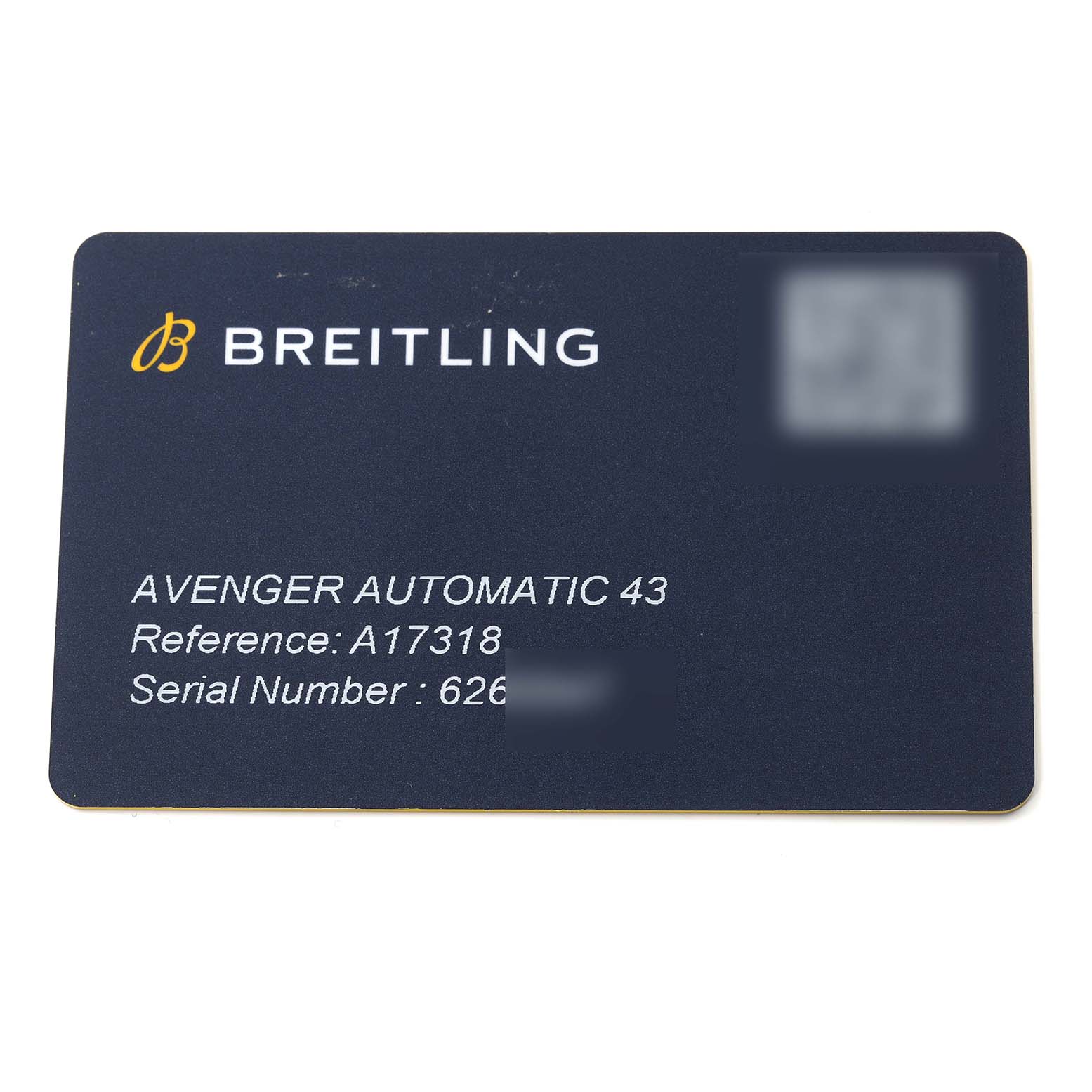 This image shows the warranty card for the Breitling Avenger A17318101B1A1 Men's Stainless Steel Black Dial A17318101B1A1 Men's Stainless Steel Black Dial Automatic 43 watch, displaying its reference and serial number.