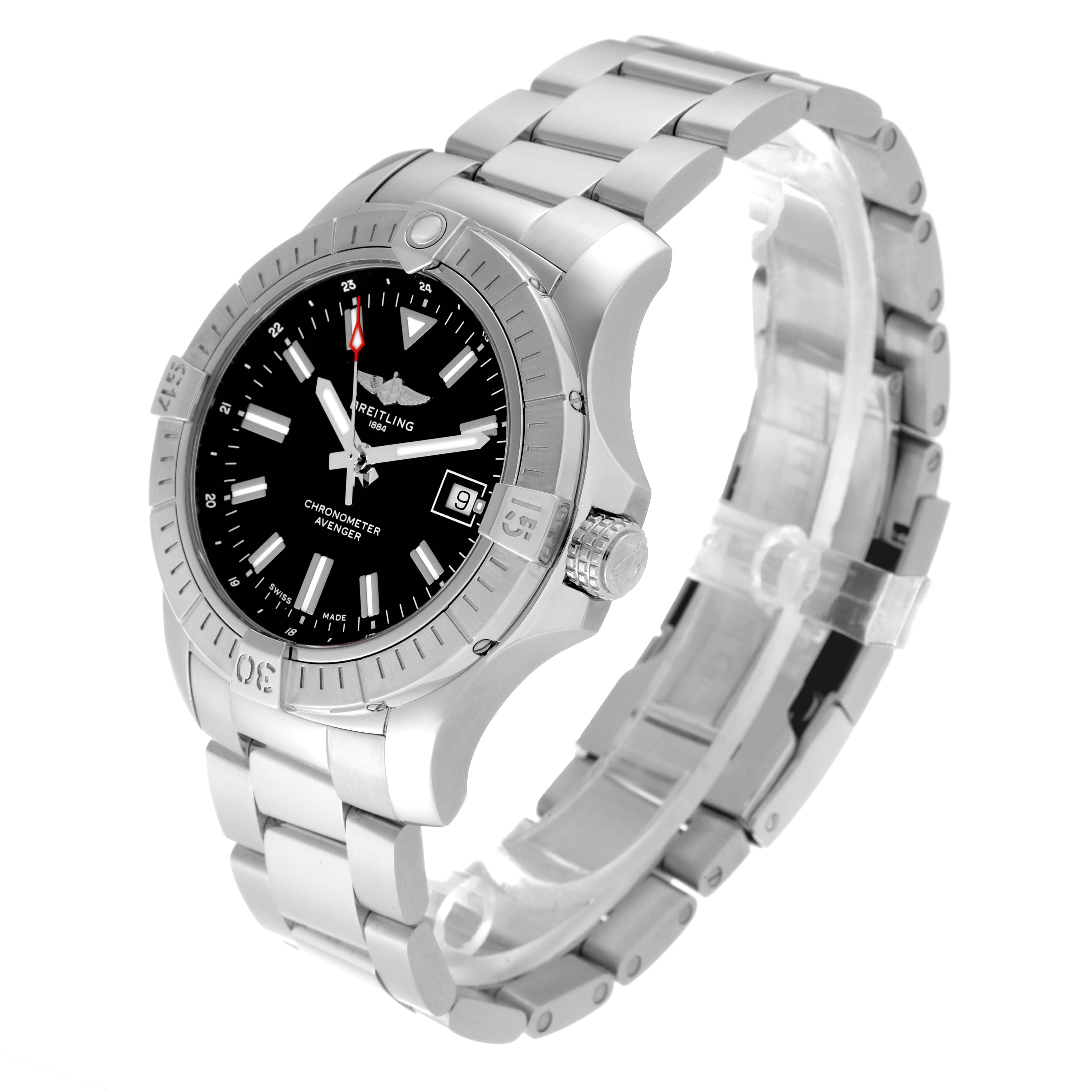 The image shows a Breitling Avenger A17318101B1A1 Men's Stainless Steel Black Dial A17318101B1A1 Men's Stainless Steel Black Dial watch at an angle highlighting its face, bezel, crown, and metal bracelet.