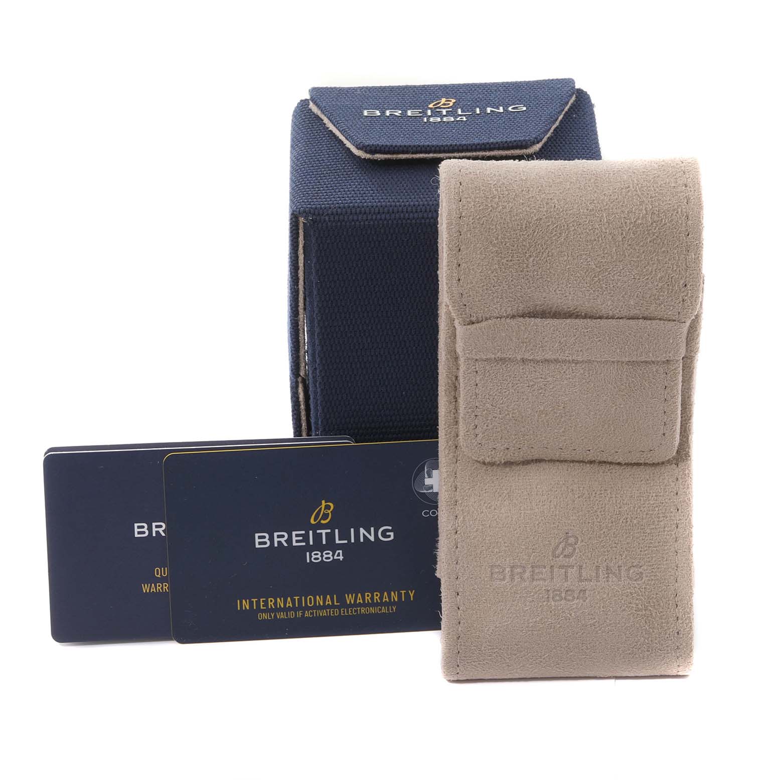 The image shows accessories for the Breitling Avenger A17318101B1A1 Men's Stainless Steel Black Dial A17318101B1A1 Men's Stainless Steel Black Dial watch, including a case, a leather pouch, and warranty cards.