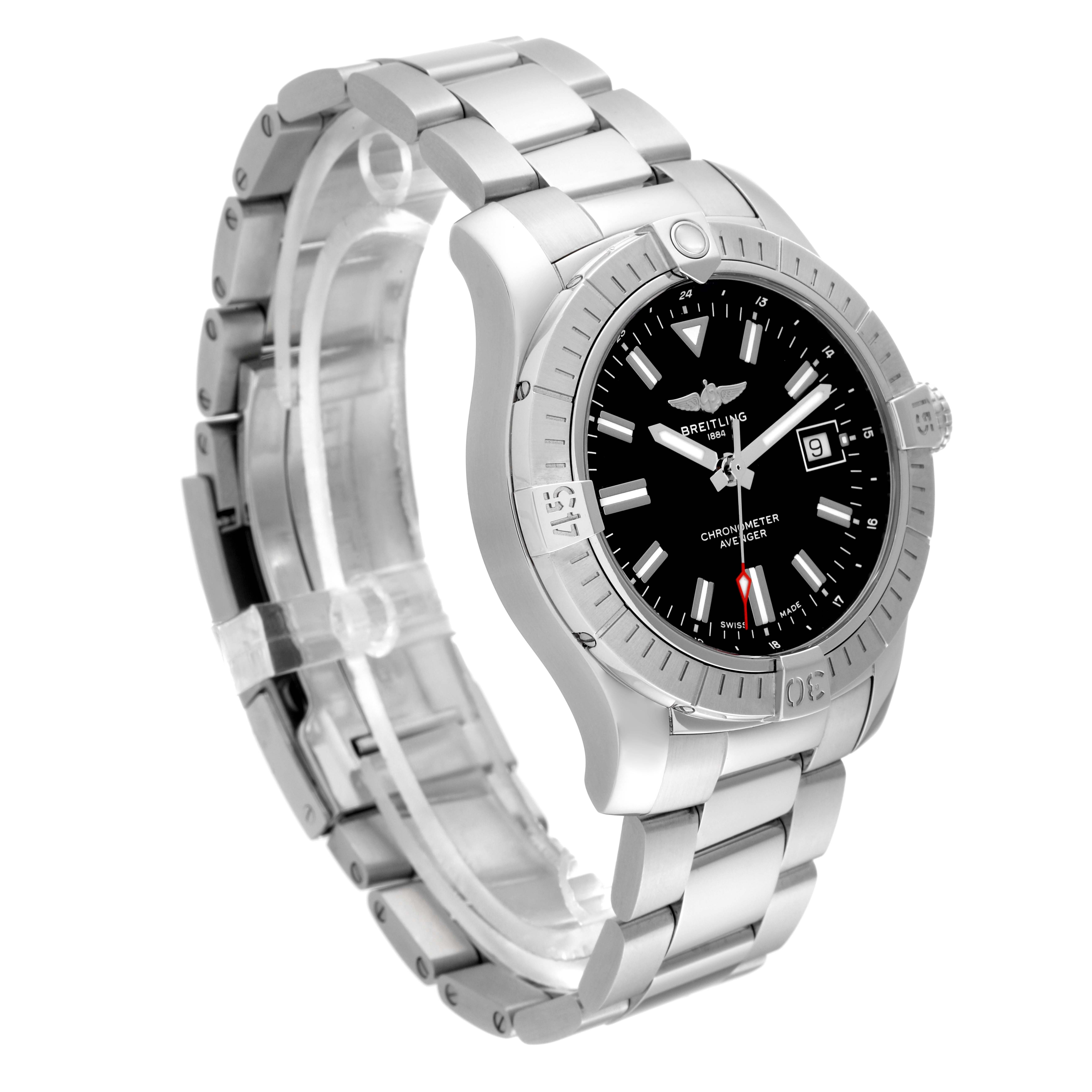 The image shows a Breitling Avenger A17318101B1A1 Men's Stainless Steel Black Dial A17318101B1A1 Men's Stainless Steel Black Dial watch angled to display the face, bezel, and bracelet of the timepiece.