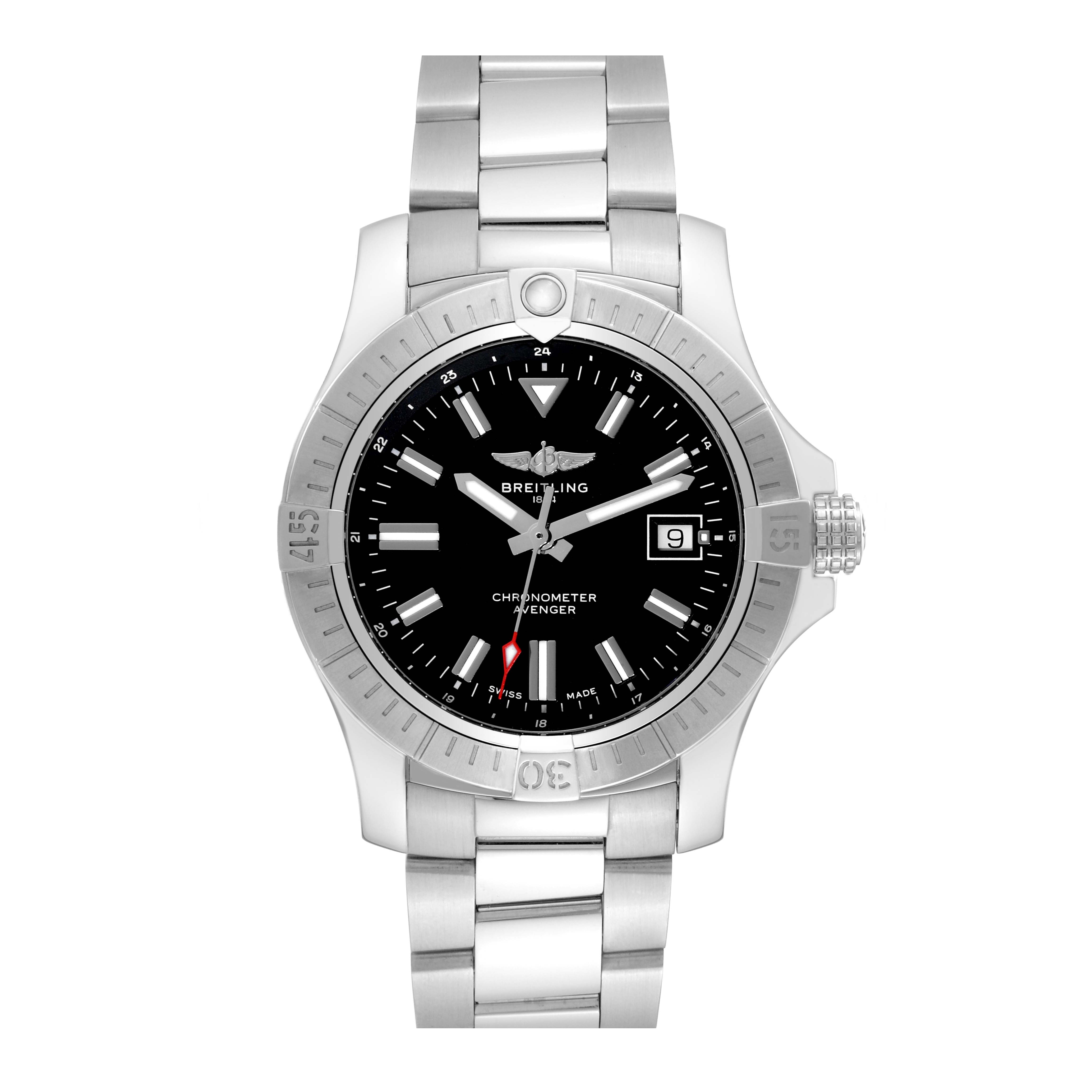 This image shows a front view of a Breitling Avenger A17318101B1A1 Men's Stainless Steel Black Dial A17318101B1A1 Men's Stainless Steel Black Dial watch, displaying its face, bezel, and metal bracelet.