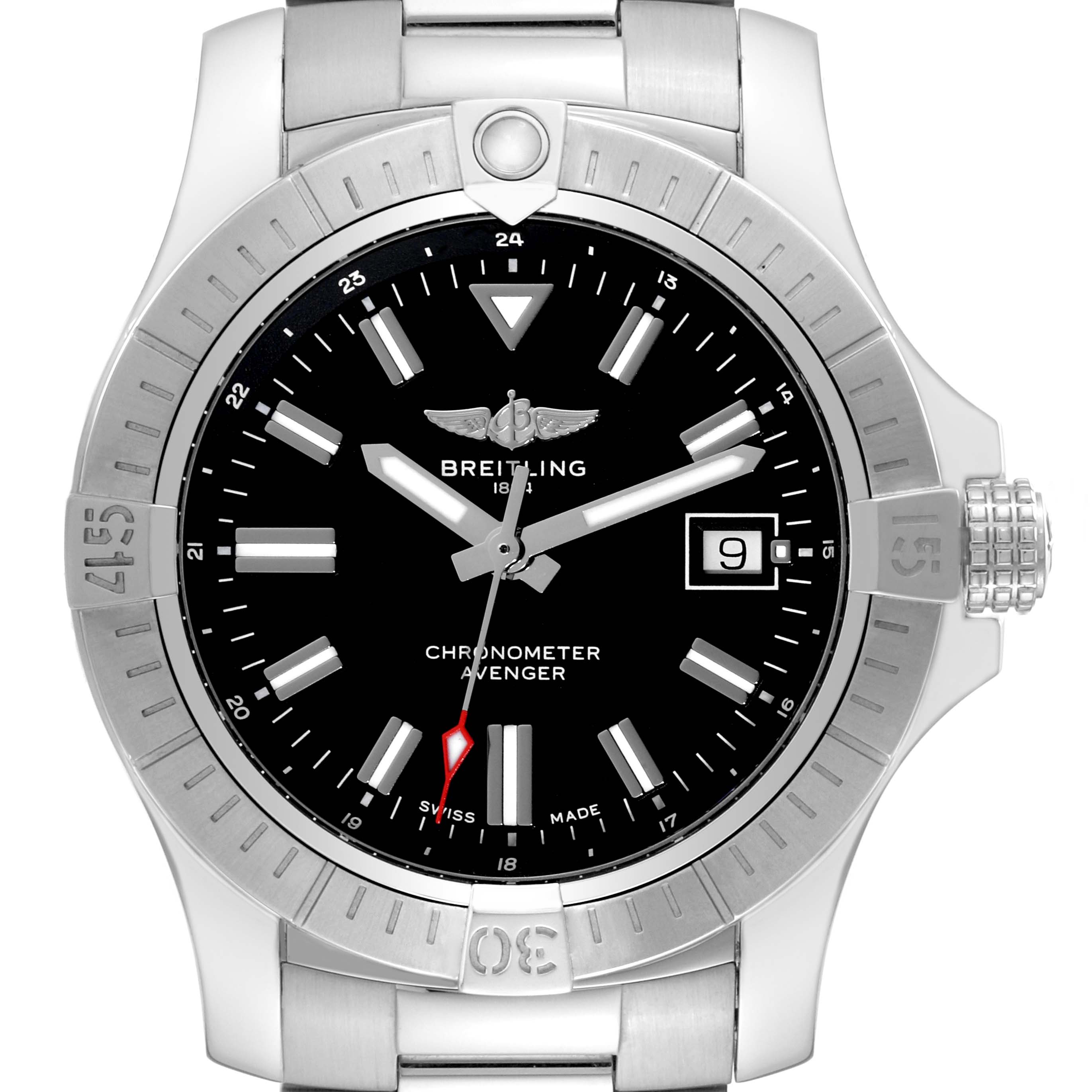 This image shows a front view of a Breitling Avenger A17318101B1A1 Men's Stainless Steel Black Dial A17318101B1A1 Men's Stainless Steel Black Dial watch, highlighting its dial, bezel, crown, and bracelet.