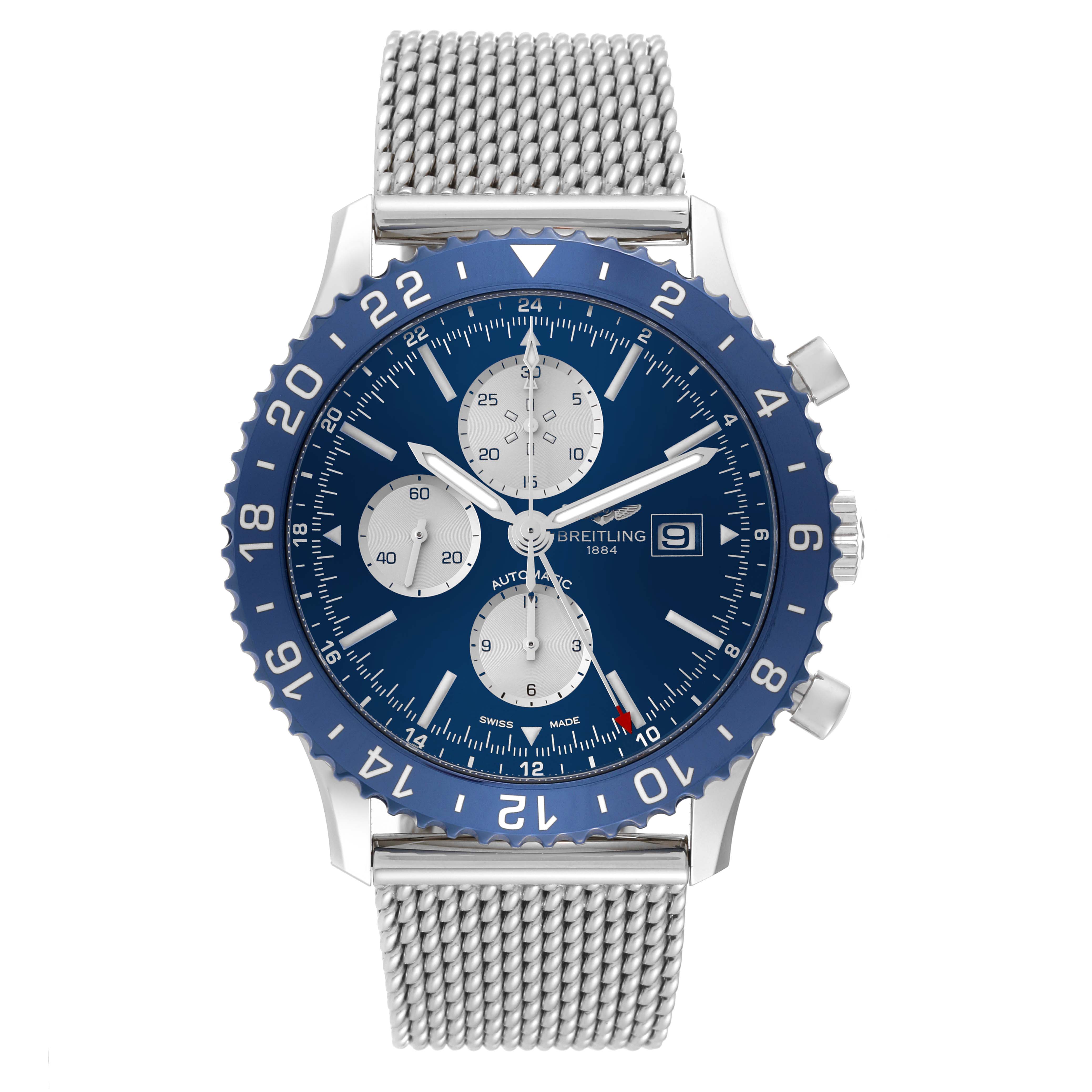 The Breitling Chronoliner Y243106/C970 Men's Stainless Steel Blue Dial Y243106/C970 Men's Stainless Steel Blue Dial watch is shown from the front, displaying its face, bezel, chronograph dials, and mesh bracelet.