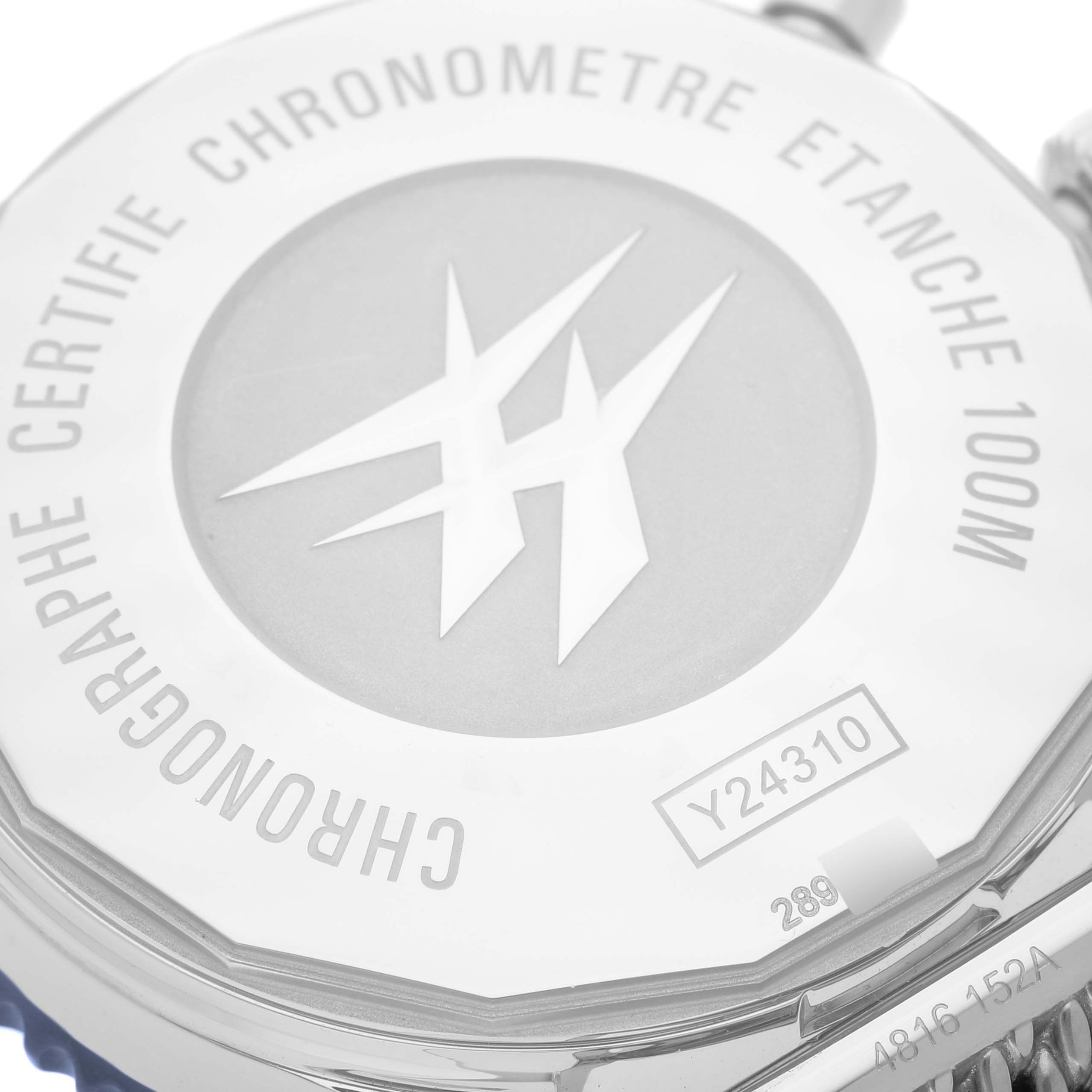 The image shows the back case of a Breitling Chronoliner Y243106/C970 Men's Stainless Steel Blue Dial Y243106/C970 Men's Stainless Steel Blue Dial watch, highlighting model and certification details.