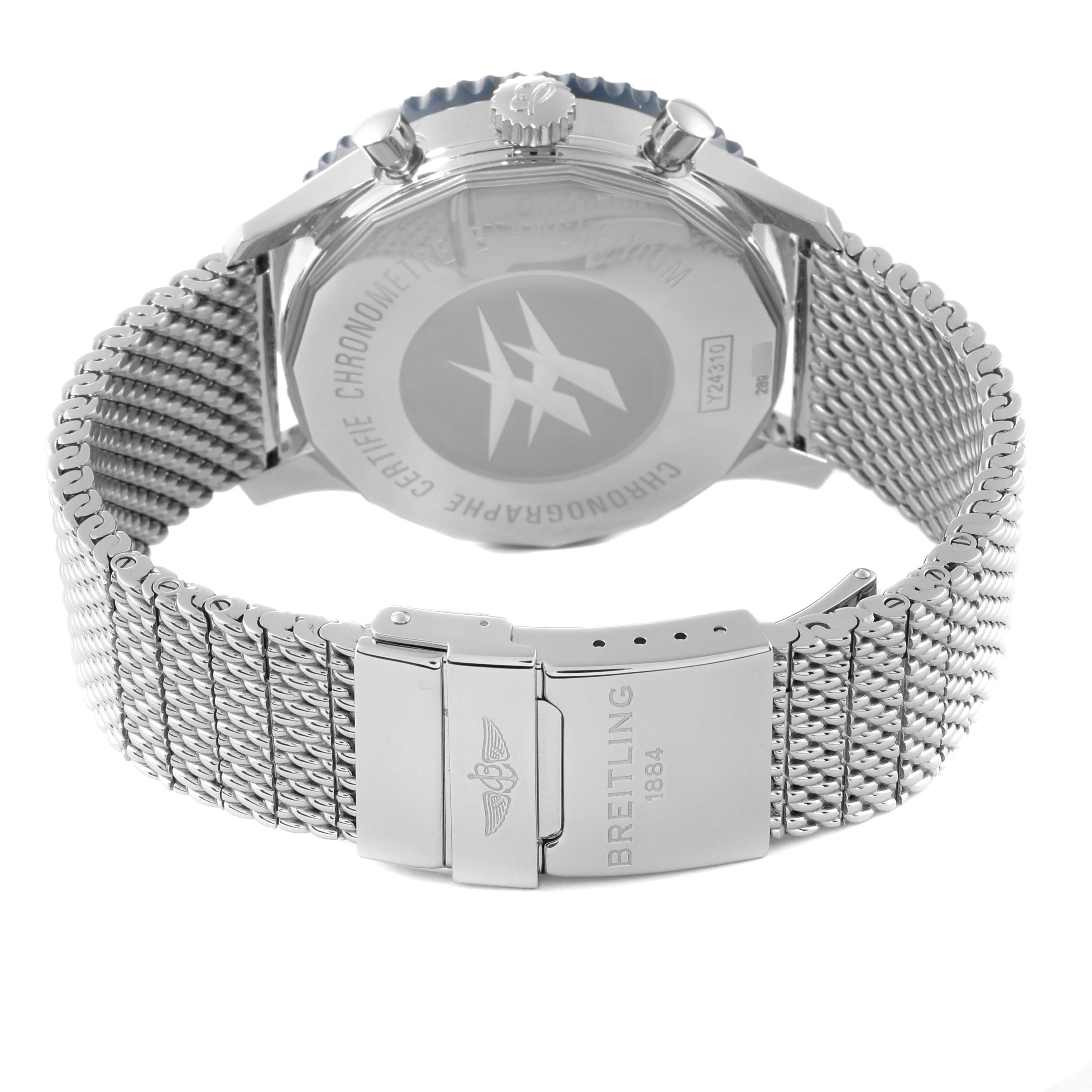 This image shows the back case and steel mesh bracelet of a Breitling Chronoliner Y243106/C970 Men's Stainless Steel Blue Dial Y243106/C970 Men's Stainless Steel Blue Dial watch.