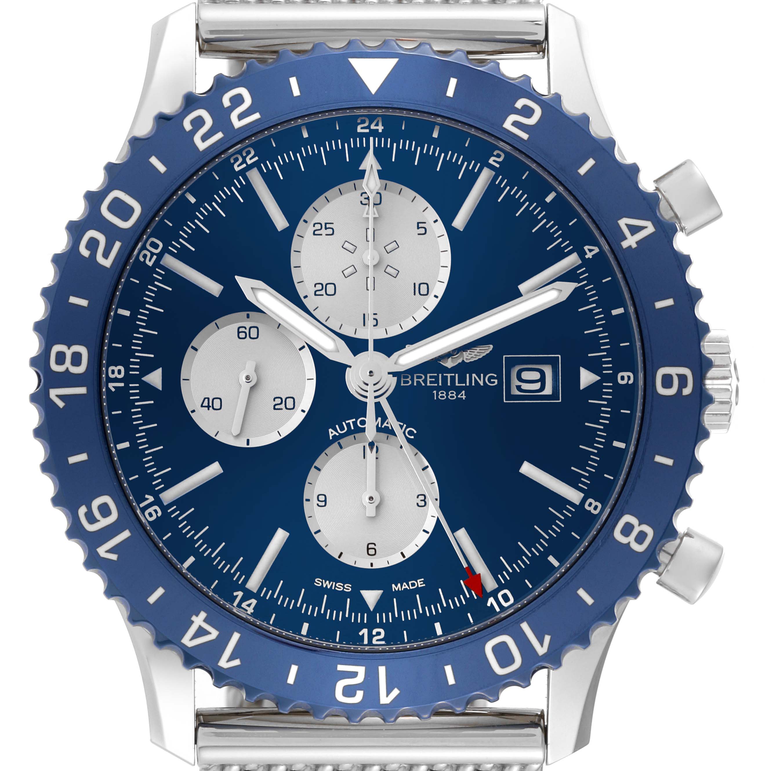 The image shows a close-up, frontal view of the Breitling Chronoliner Y243106/C970 Men's Stainless Steel Blue Dial Y243106/C970 Men's Stainless Steel Blue Dial watch, highlighting the dial, bezel, and crown.