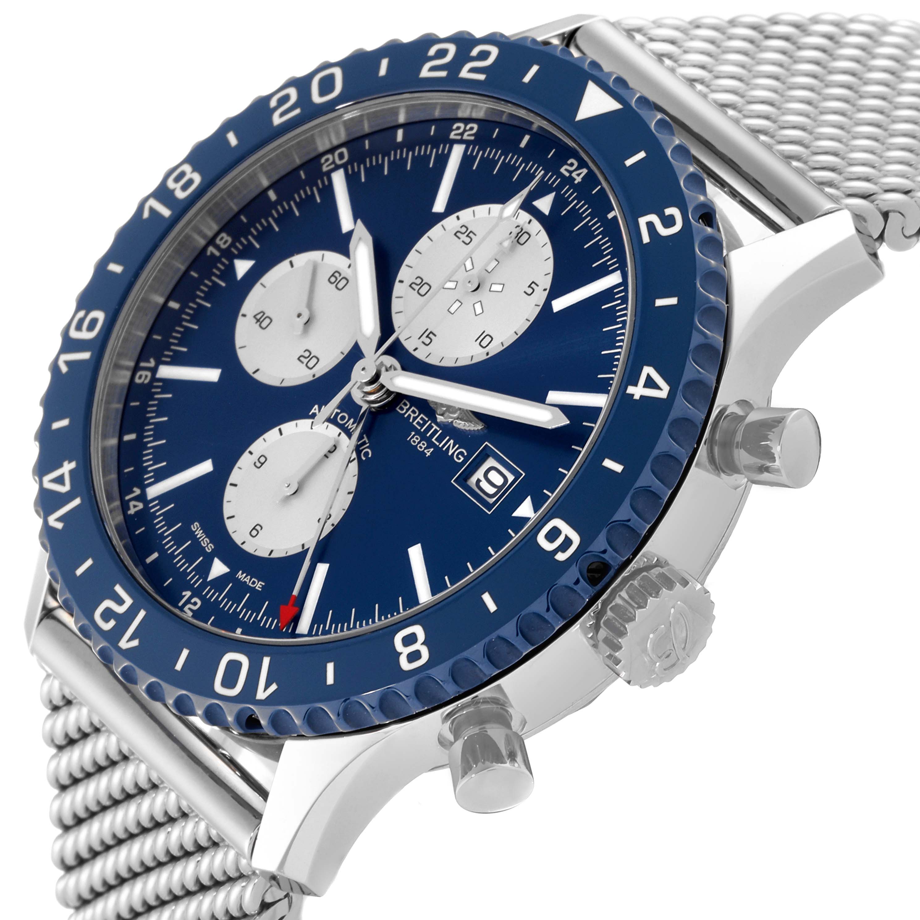 The image shows a side-angle view of a Breitling Chronoliner Y243106/C970 Men's Stainless Steel Blue Dial Y243106/C970 Men's Stainless Steel Blue Dial watch, highlighting its bezel, subdials, and crown.
