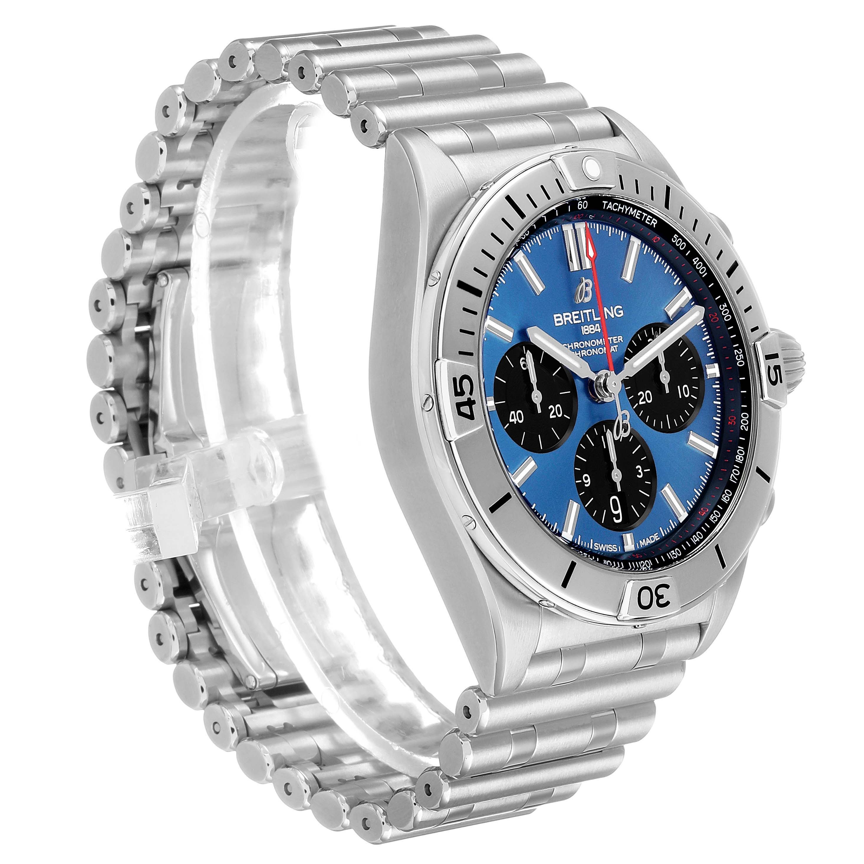 The Breitling Chronomat AB0134 Men's Stainless Steel Blue Dial watch is shown at an angled side view, displaying its face, bezel, and metal bracelet.