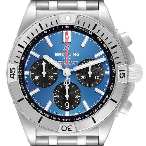 The Breitling Chronomat AB0134 Men's Stainless Steel Blue Dial watch is shown from the front, highlighting its blue dial, steel bezel, chronograph subdials, and tachymeter.