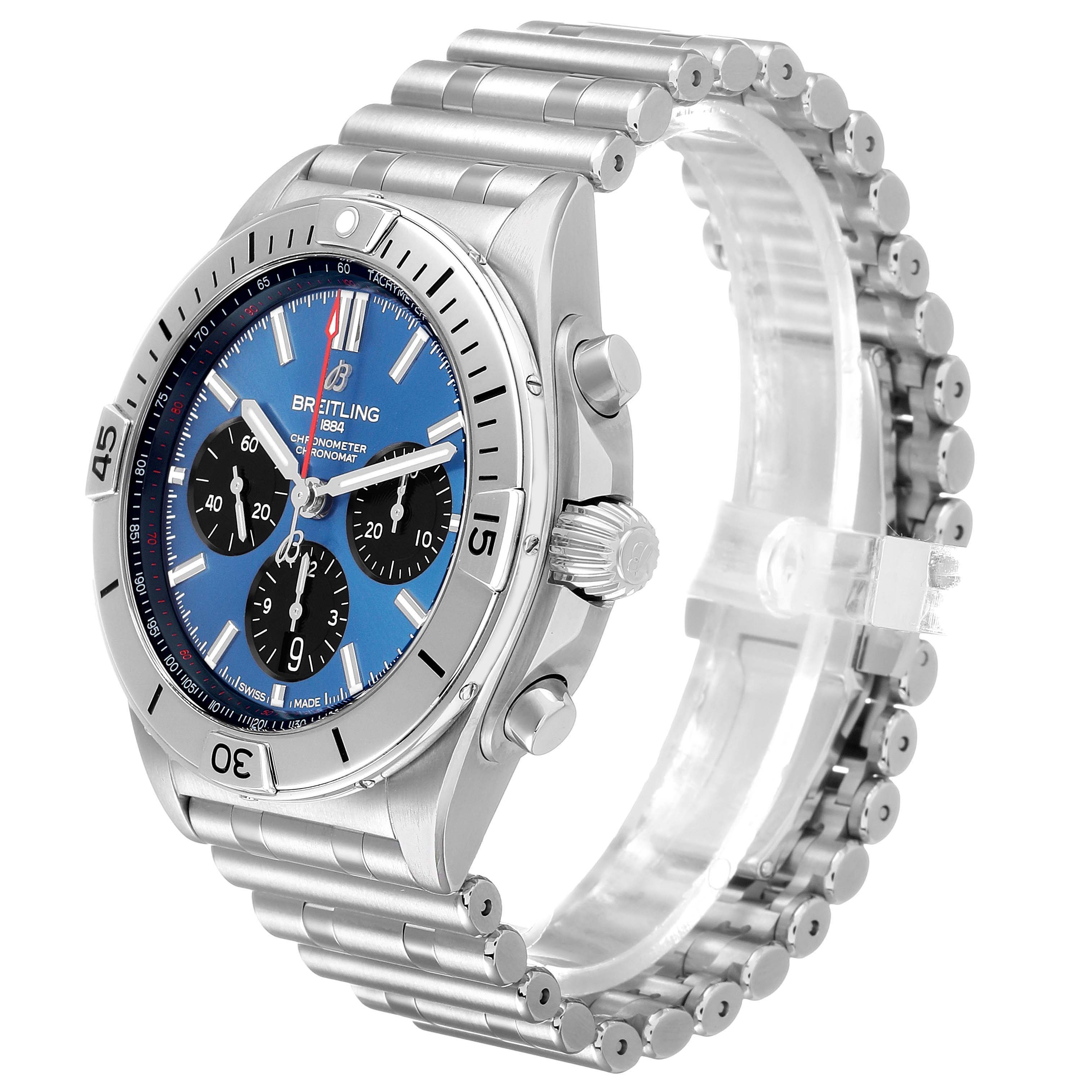 The Breitling Chronomat AB0134 Men's Stainless Steel Blue Dial watch is shown at a three-quarter angle, highlighting the dial, bezel, crown, and bracelet.