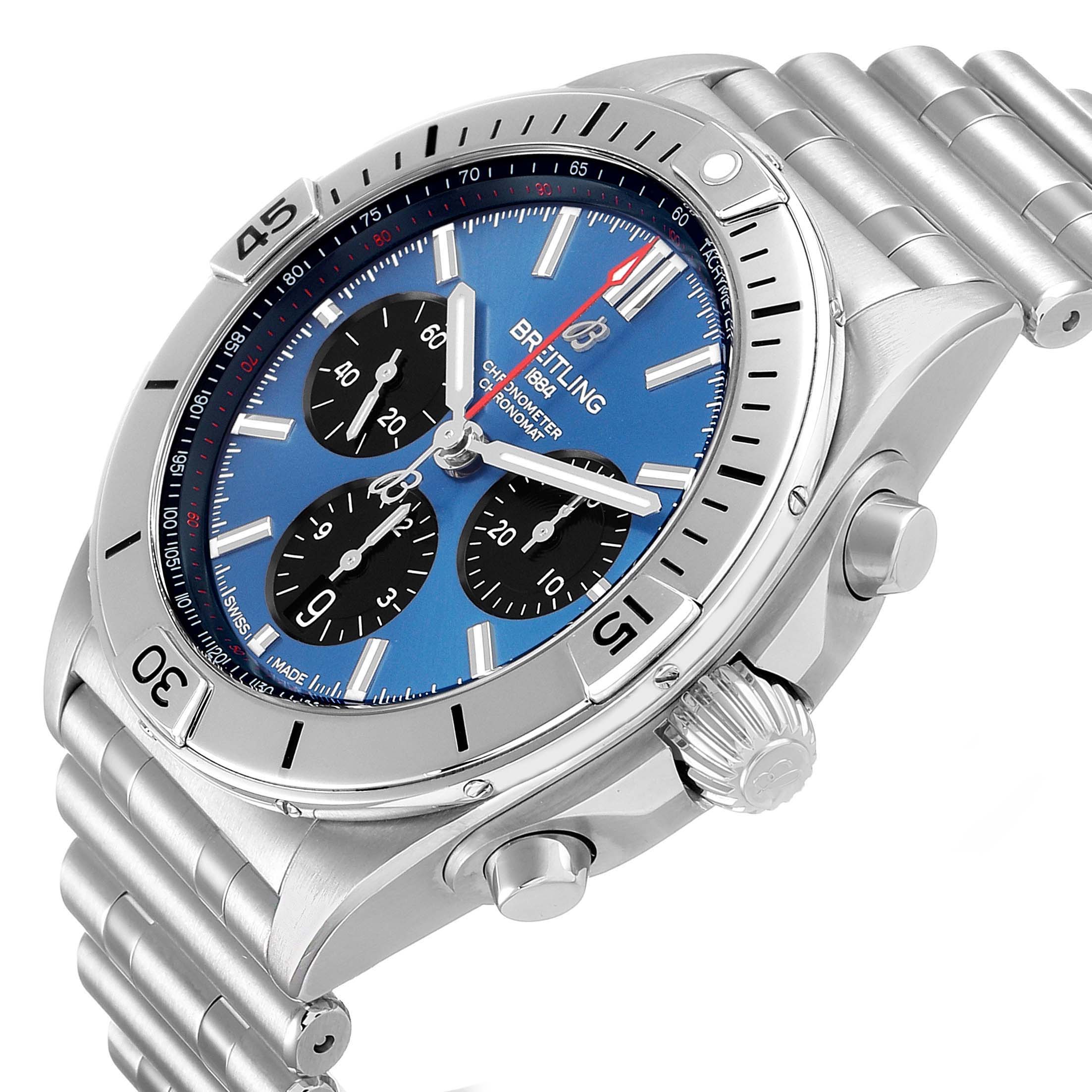 The Breitling Chronomat AB0134 Men's Stainless Steel Blue Dial watch is shown from a side angle, highlighting the bezel, dial, crown, pushers, and bracelet.