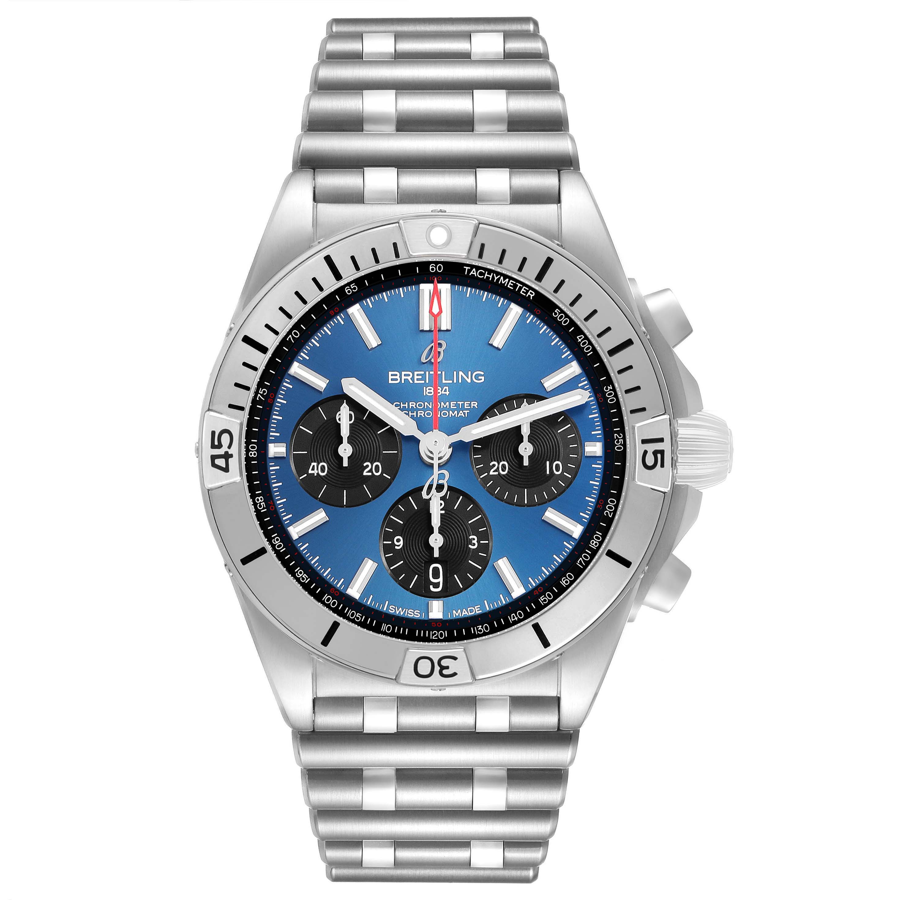 The Breitling Chronomat AB0134 Men's Stainless Steel Blue Dial watch is shown from a front angle, displaying the dial, bezel, crown, and bracelet.