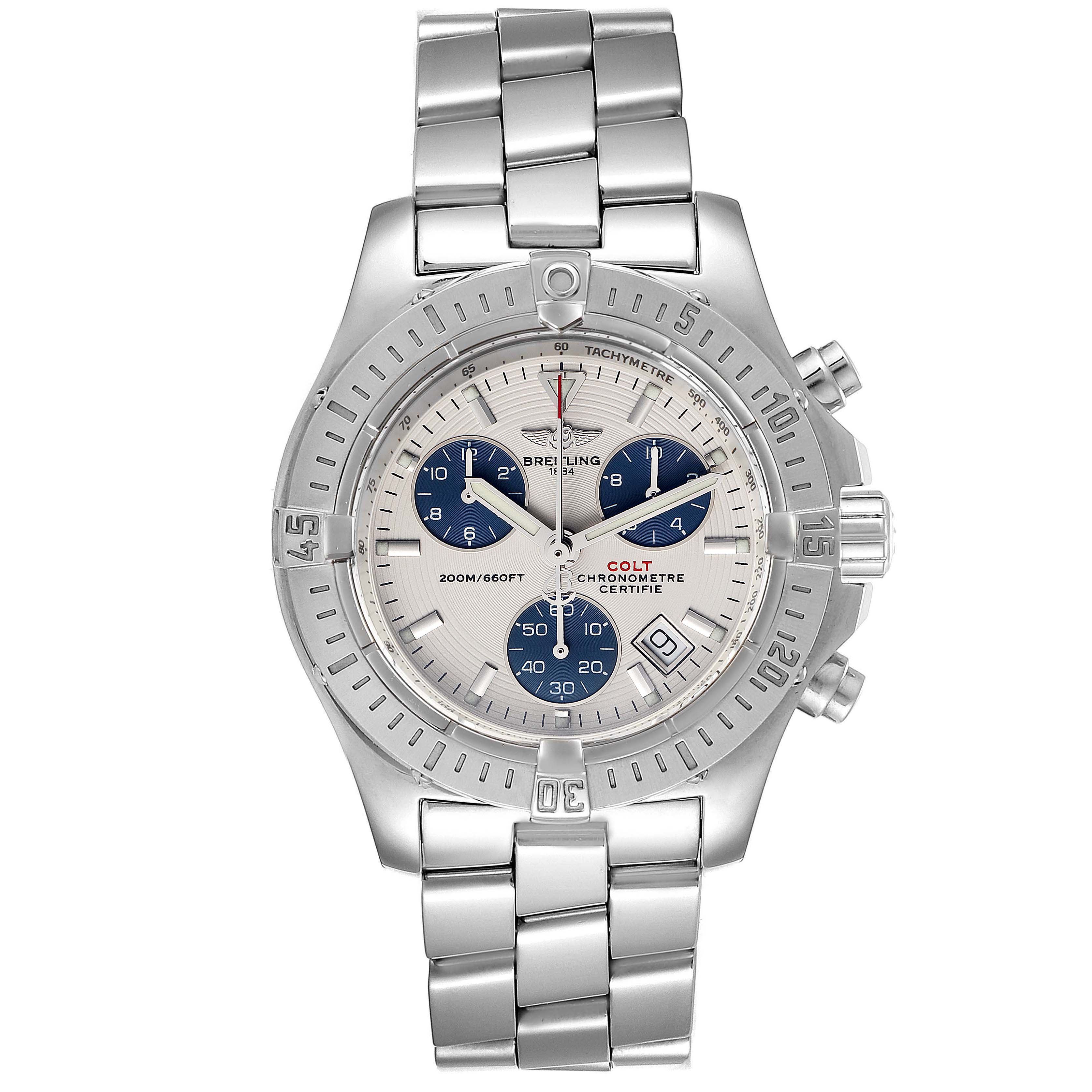 The image shows a front view of a Breitling Colt A73380 Men
s Stainless Steel White Dial A73380 Men
s Stainless Steel White Dial model watch with metal bracelet, bezel, dial, and chronograph sub-dials.