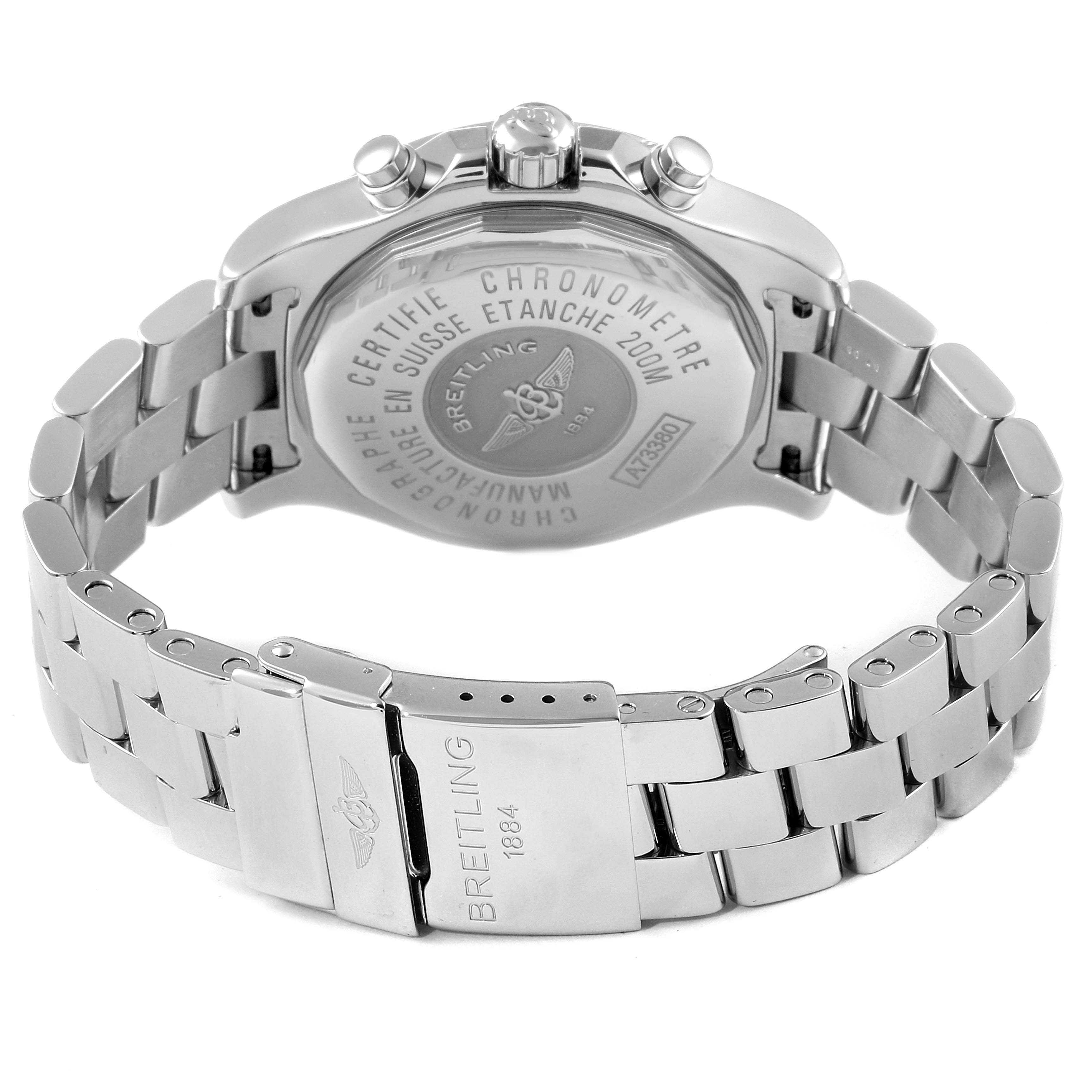 This image shows the back case, crown, pushers, and bracelet of a Breitling Colt A73380 Men
s Stainless Steel White Dial A73380 Men
s Stainless Steel White Dial watch.