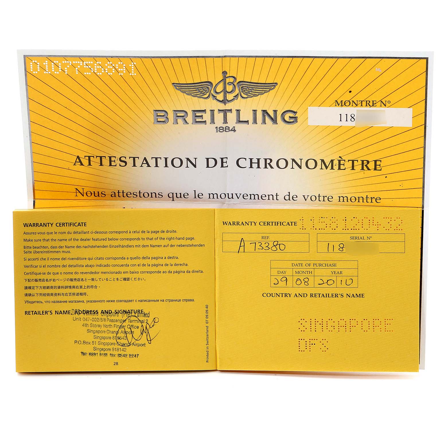 This image shows the warranty certificate and attestation de chronomètre for the Breitling Colt A73380 Men
s Stainless Steel White Dial A73380 Men
s Stainless Steel White Dial model watch.
