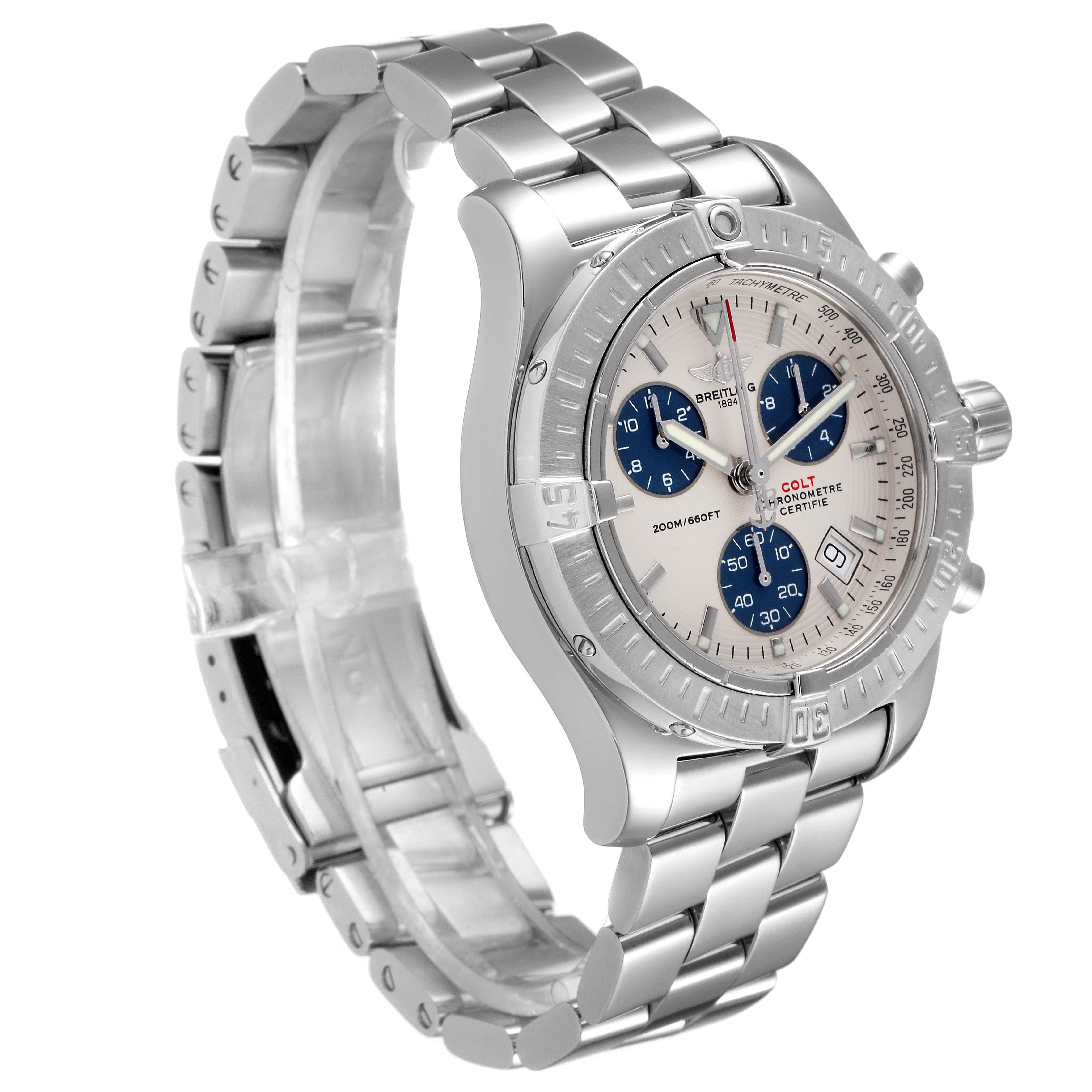 This image shows a Breitling Colt A73380 Men
s Stainless Steel White Dial A73380 Men
s Stainless Steel White Dial watch at a three-quarter angle, highlighting its face, bezel, and metal bracelet.