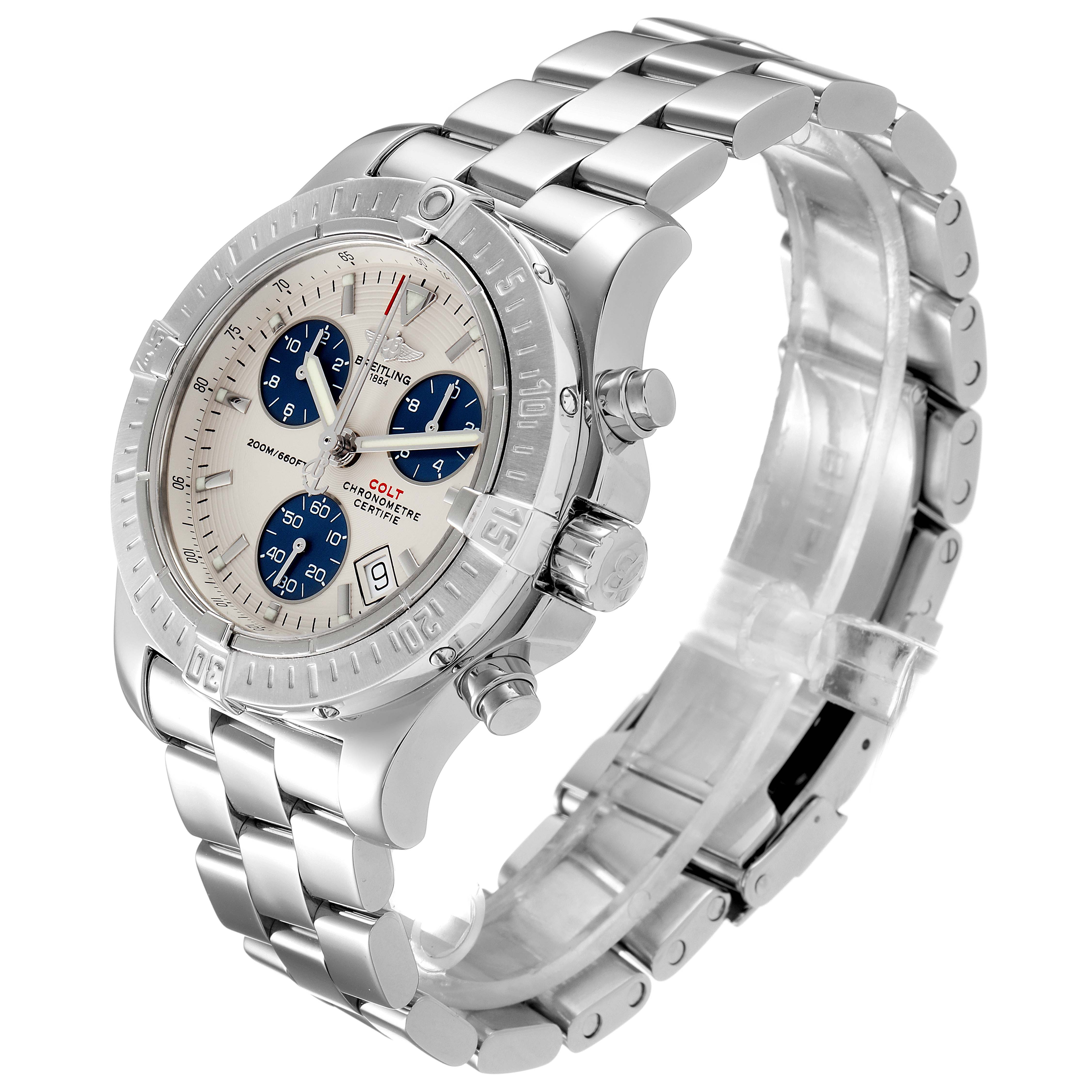 The Breitling Colt A73380 Men
s Stainless Steel White Dial A73380 Men
s Stainless Steel White Dial watch is shown at an angle revealing the face, bezel, chronograph dials, and stainless steel bracelet.