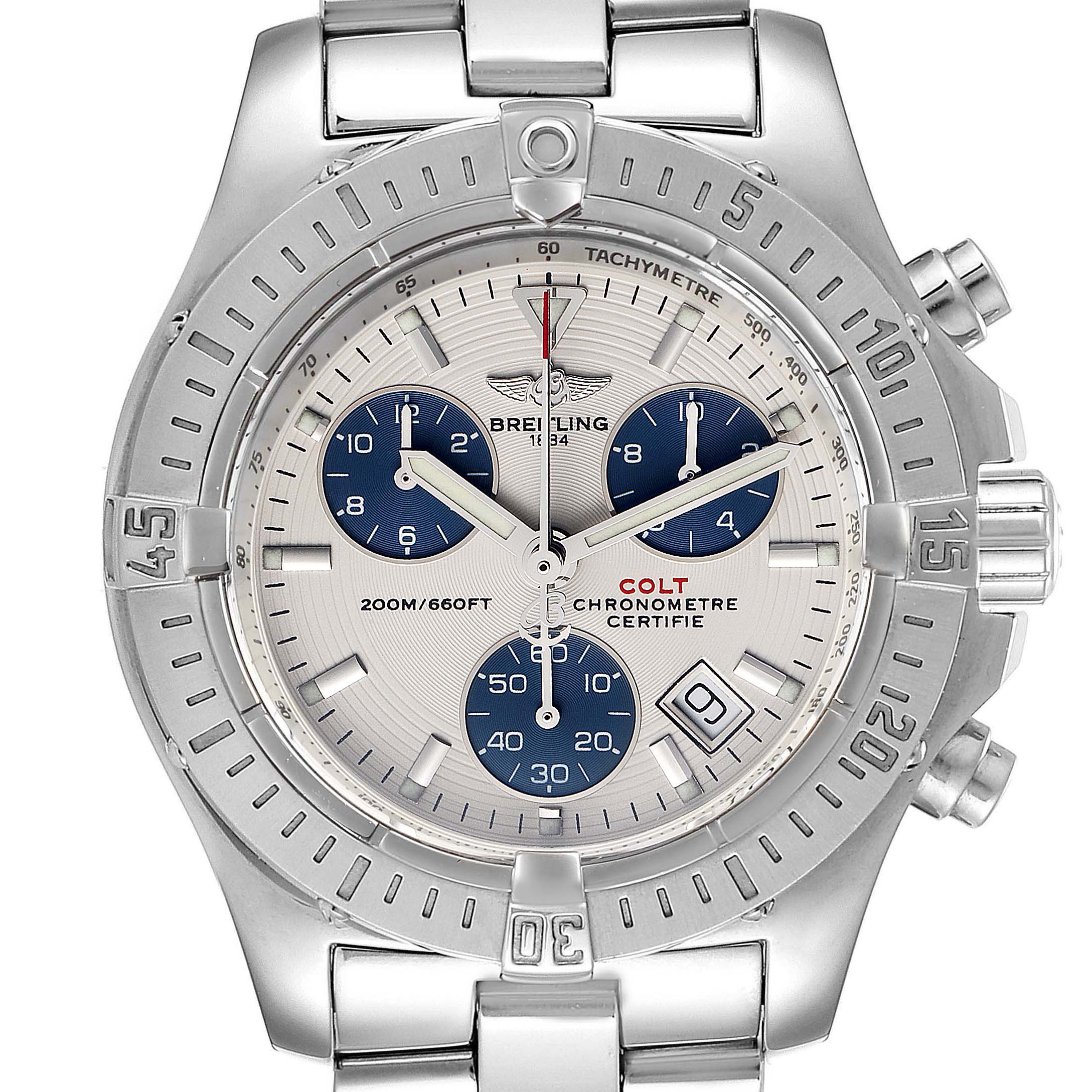 This Breitling Colt A73380 Men
s Stainless Steel White Dial A73380 Men
s Stainless Steel White Dial watch is shown from a front angle, highlighting its dial, bezel, subdials, and bracelet.
