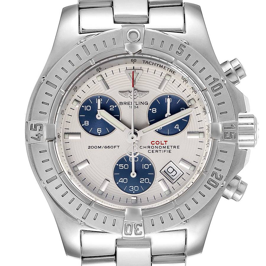 Breitling Colt Chronograph Blue Subdials Steel Mens Watch A73380 Box Papers SwissWatchExpo