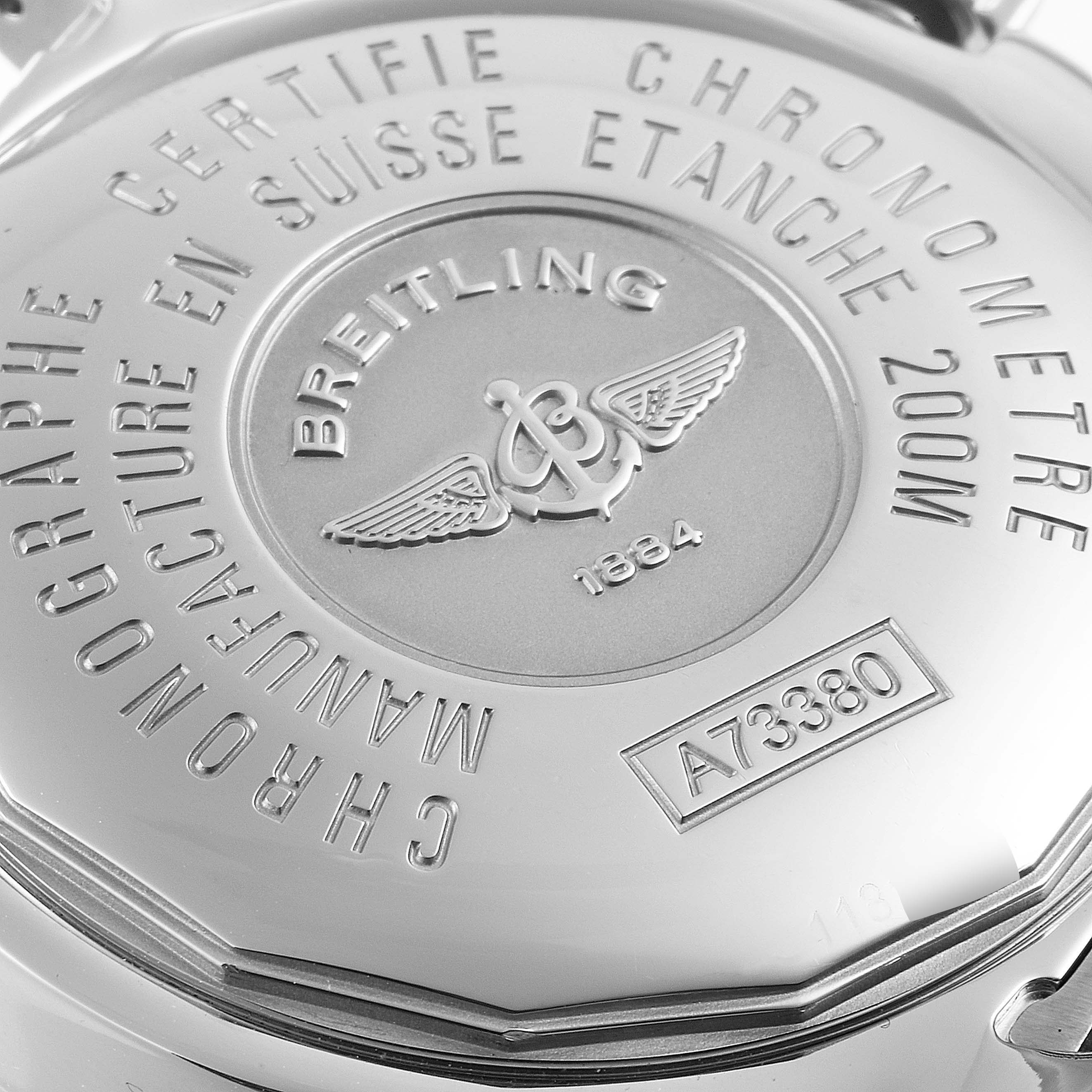 The image shows the back case of a Breitling Colt A73380 Men
s Stainless Steel White Dial A73380 Men
s Stainless Steel White Dial watch, highlighting its engravings and model number.
