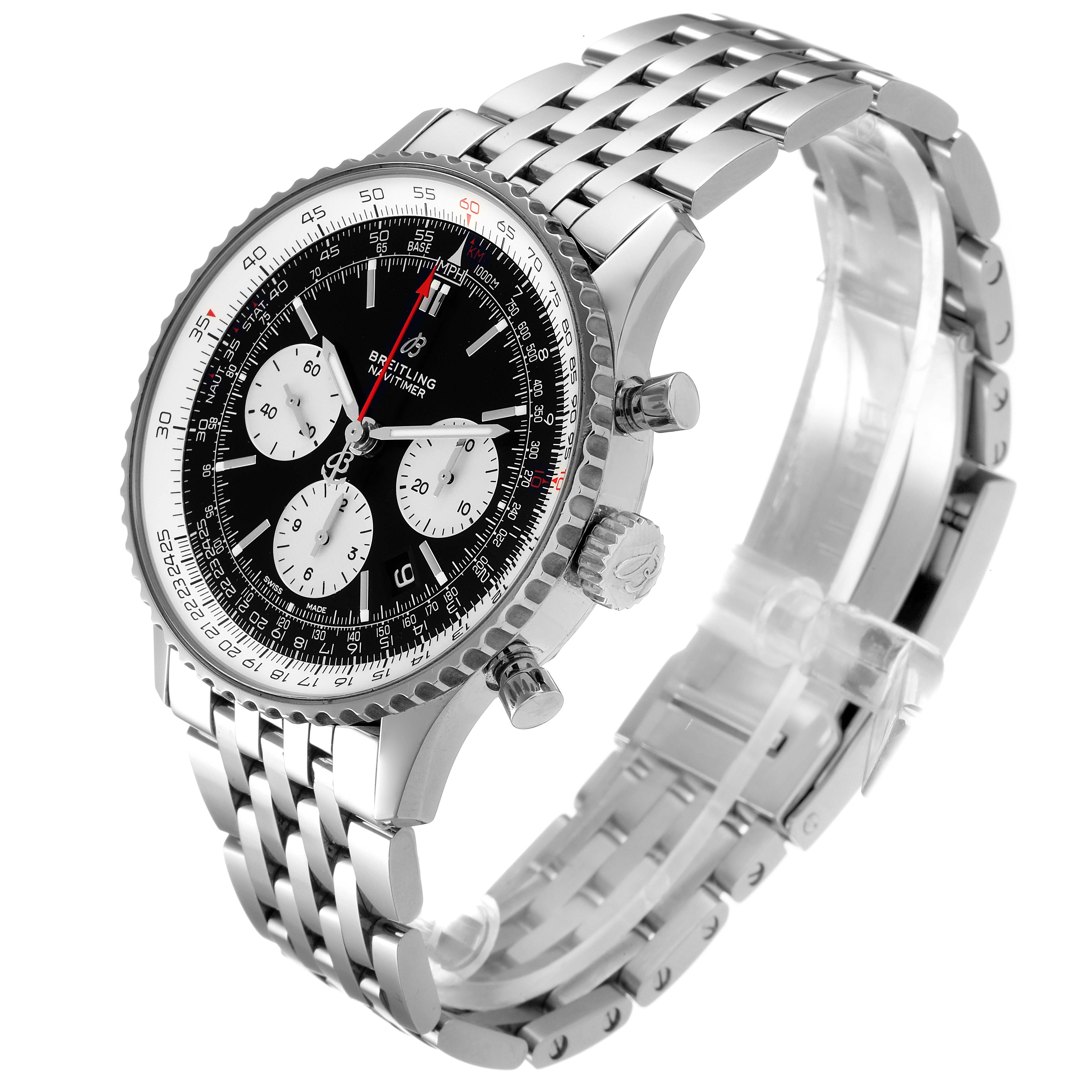 The image shows a Breitling Navitimer AB0121 Men
s Stainless Steel Black Dial AB0121 Men
s Stainless Steel Black Dial watch at a three-quarter angle displaying its face, bezel, crown, pushers, and bracelet.