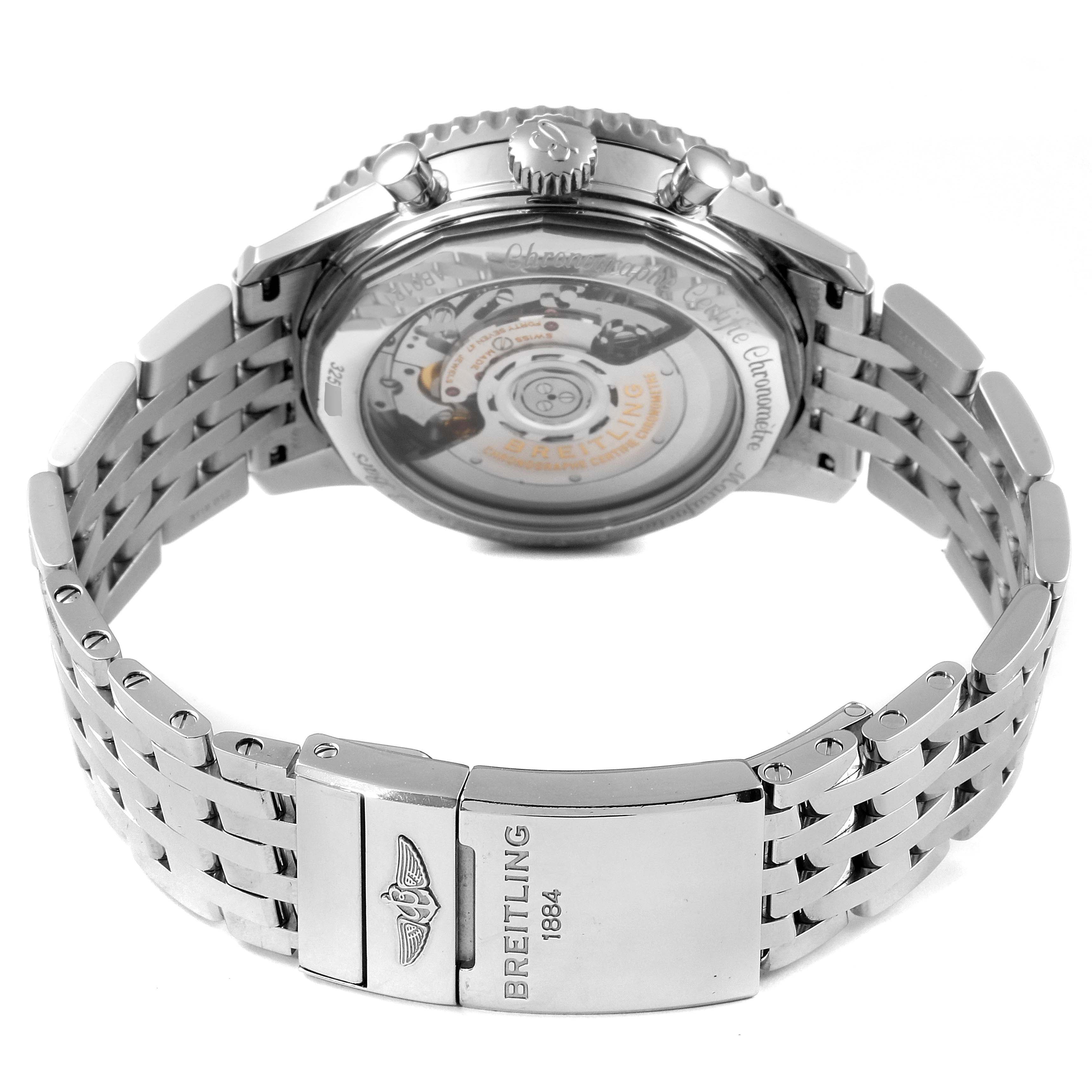 The image shows the back of the Breitling Navitimer AB0121 Men
s Stainless Steel Black Dial AB0121 Men
s Stainless Steel Black Dial watch, highlighting its stainless steel bracelet and transparent case back.