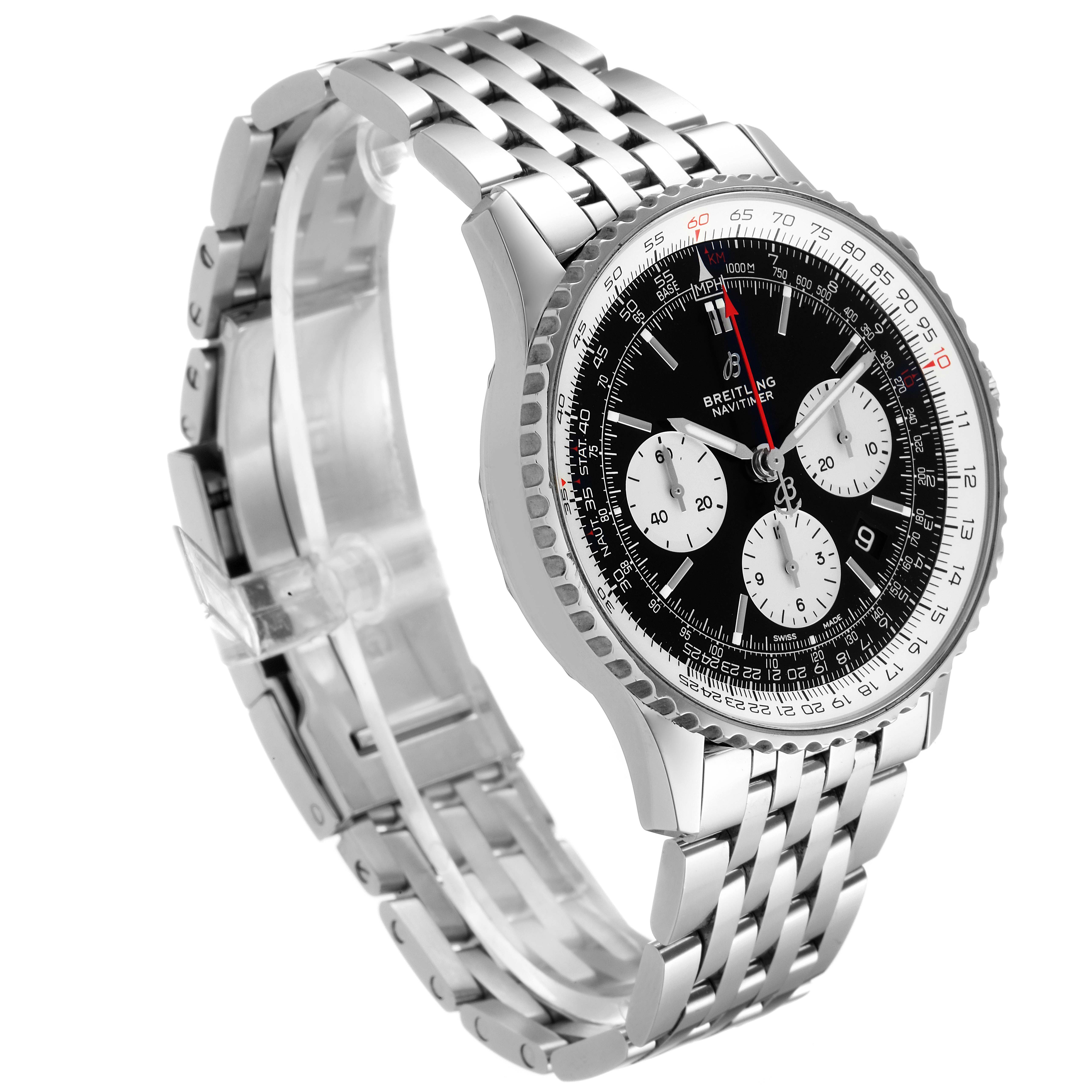 The image shows a Breitling Navitimer AB0121 Men
s Stainless Steel Black Dial AB0121 Men
s Stainless Steel Black Dial watch at an oblique angle, highlighting its stainless steel bracelet and black chronograph dial.