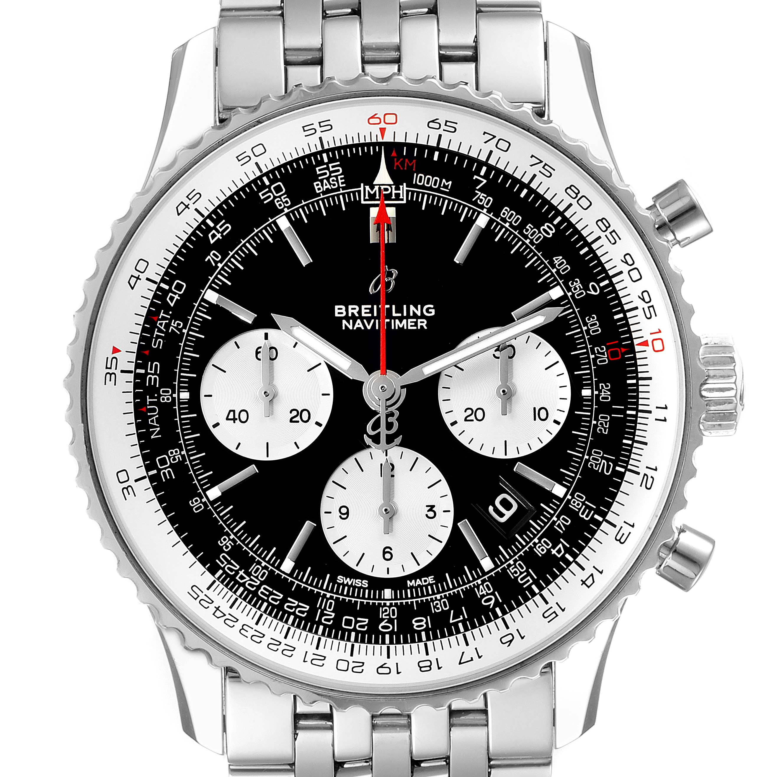 The image features a front view of a Breitling Navitimer AB0121 Men
s Stainless Steel Black Dial AB0121 Men
s Stainless Steel Black Dial watch, showcasing its dial, subdials, bezel, and bracelet.