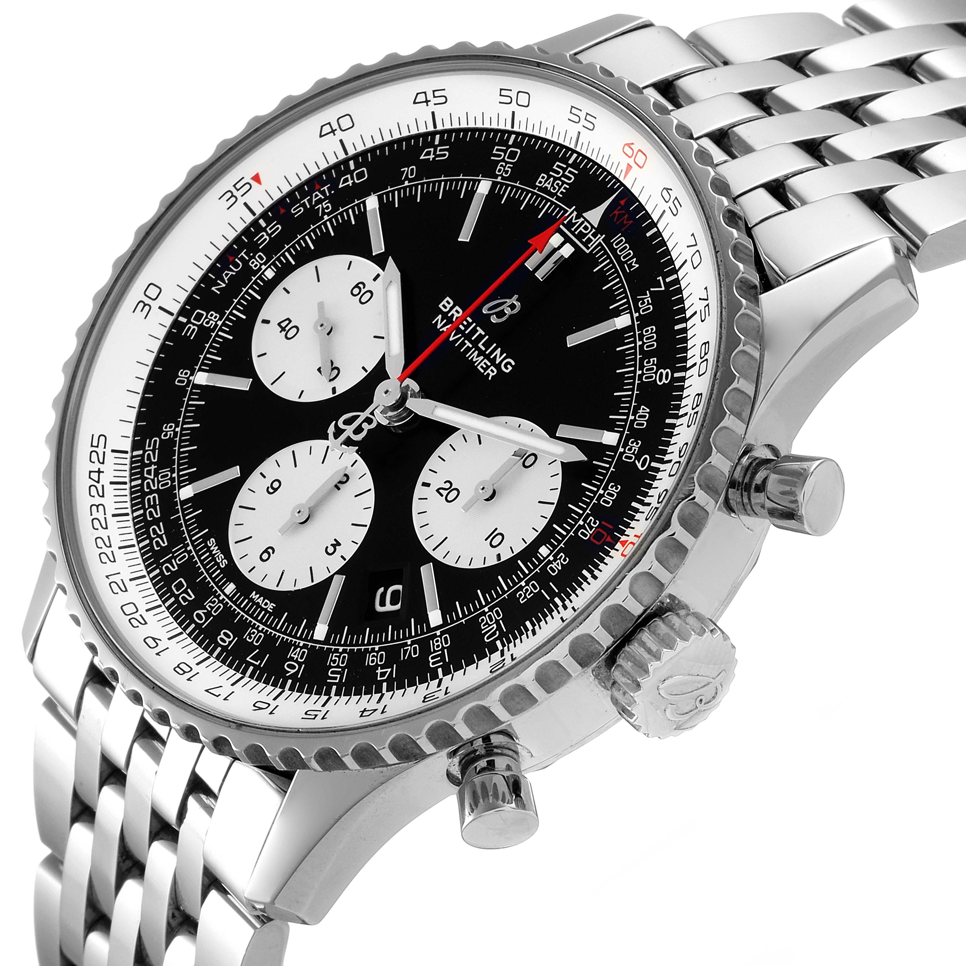 The image shows a close-up angle of a Breitling Navitimer AB0121 Men
s Stainless Steel Black Dial AB0121 Men
s Stainless Steel Black Dial watch, highlighting its black dial, three subdials, and silver bracelet.