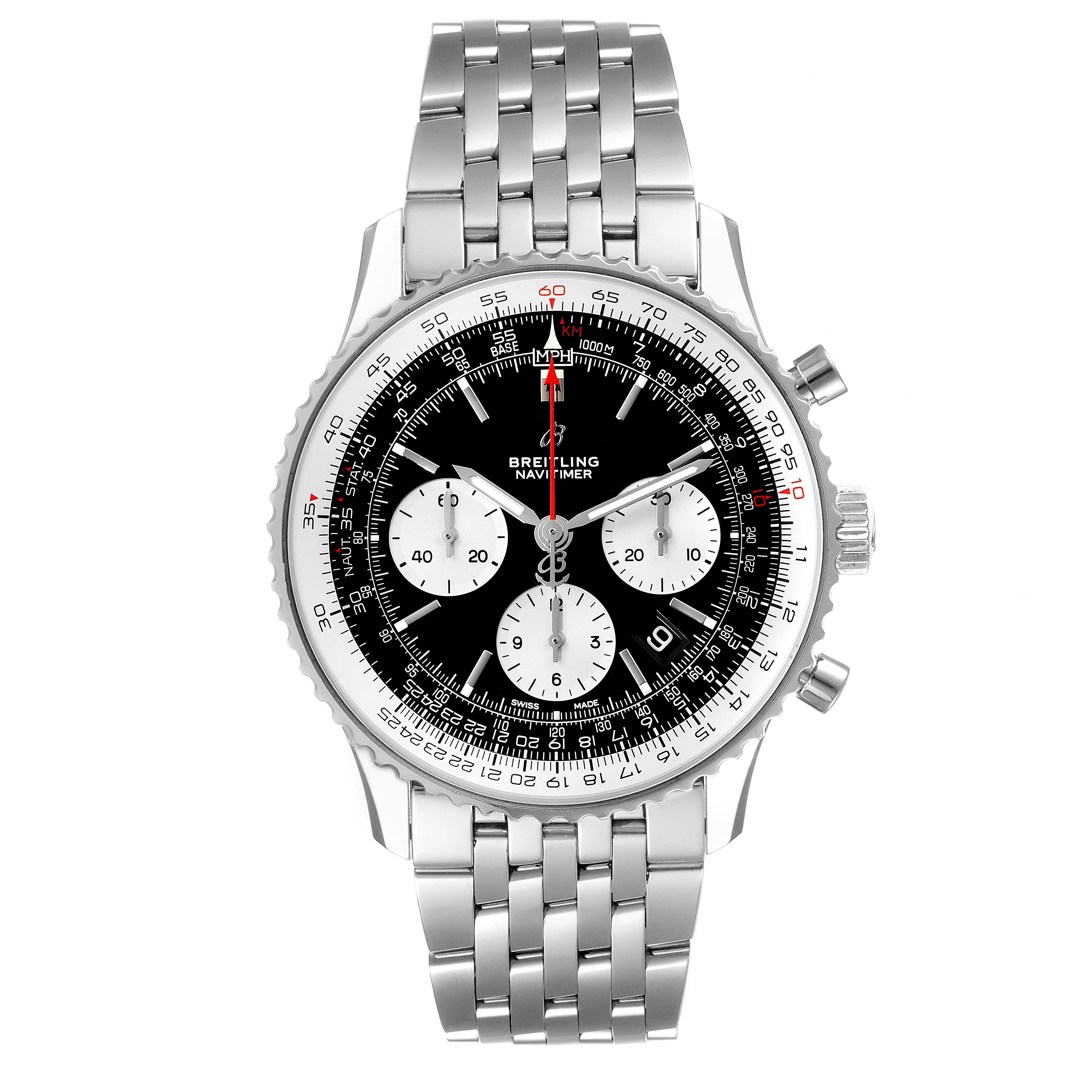 This is a front view of the Breitling Navitimer AB0121 Men
s Stainless Steel Black Dial AB0121 Men
s Stainless Steel Black Dial watch, showing the dial, bezel, crown, chronograph pushers, and metal bracelet.