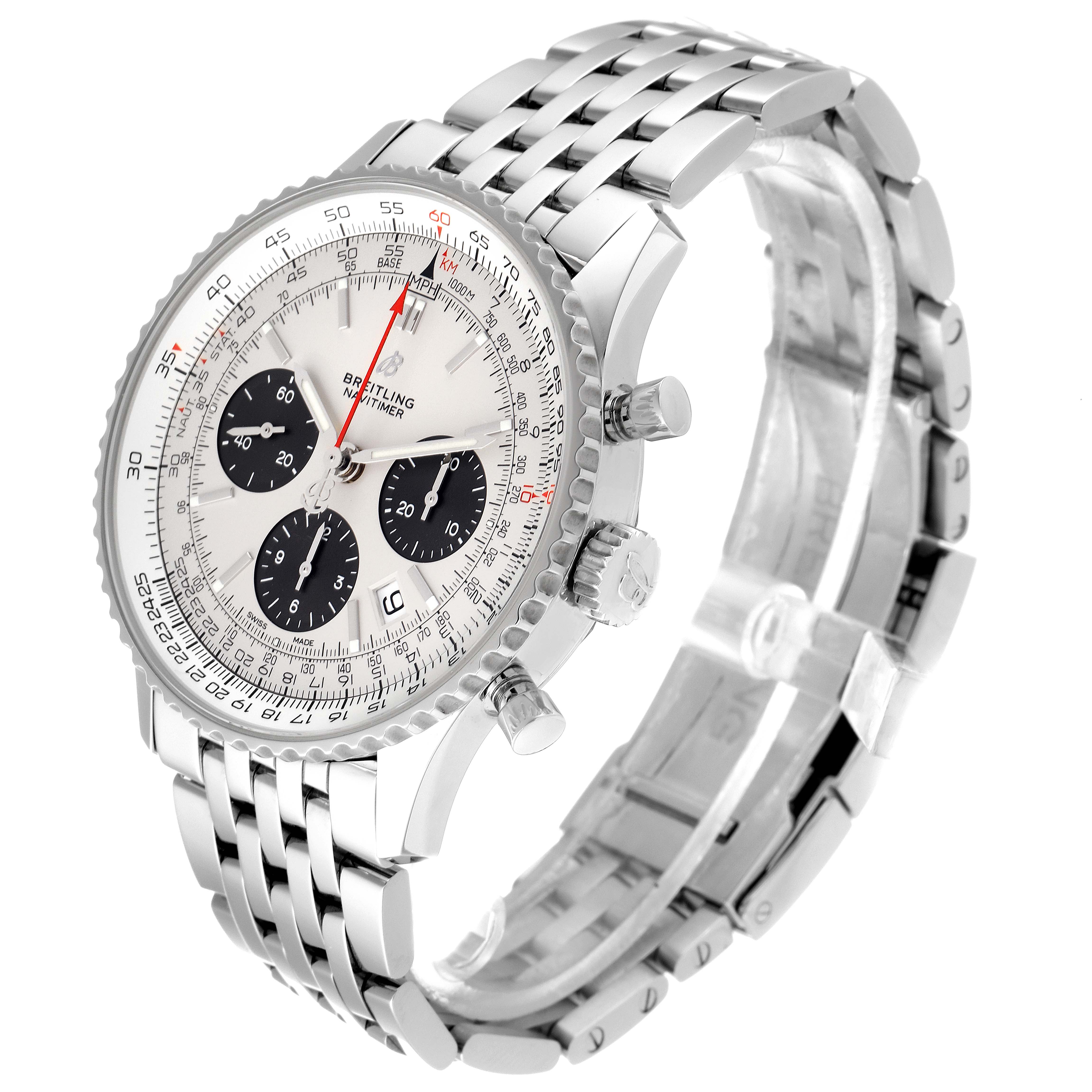 The image shows a Breitling Navitimer AB0121 Men's Stainless Steel Silver Dial AB0121 Men's Stainless Steel Silver Dial watch at a three-quarter angle, highlighting its face, bezel, crown, pushers, and metal bracelet.