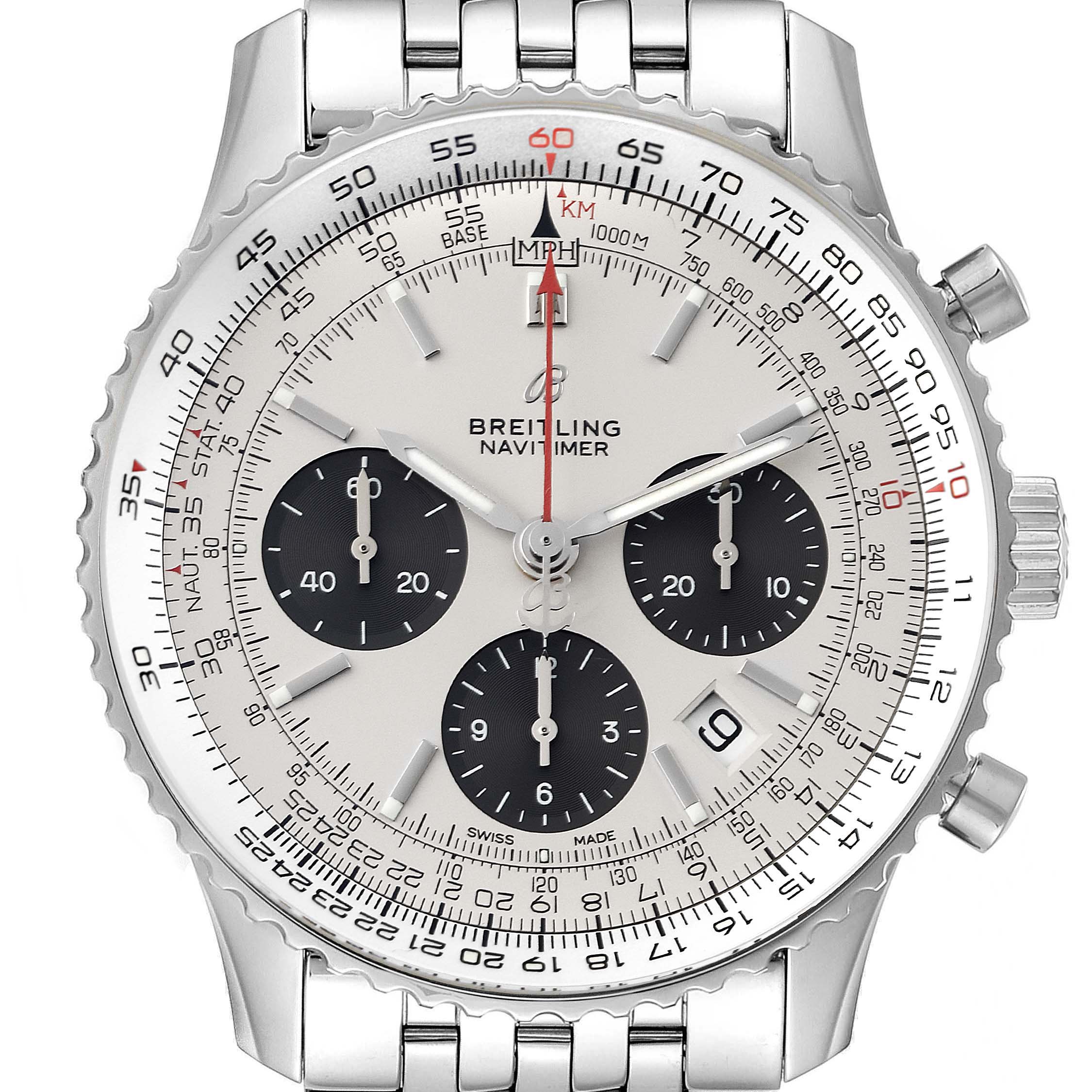 This image shows a front view of a Breitling Navitimer AB0121 Men's Stainless Steel Silver Dial AB0121 Men's Stainless Steel Silver Dial watch, highlighting its dial, subdials, and part of the stainless steel bracelet.