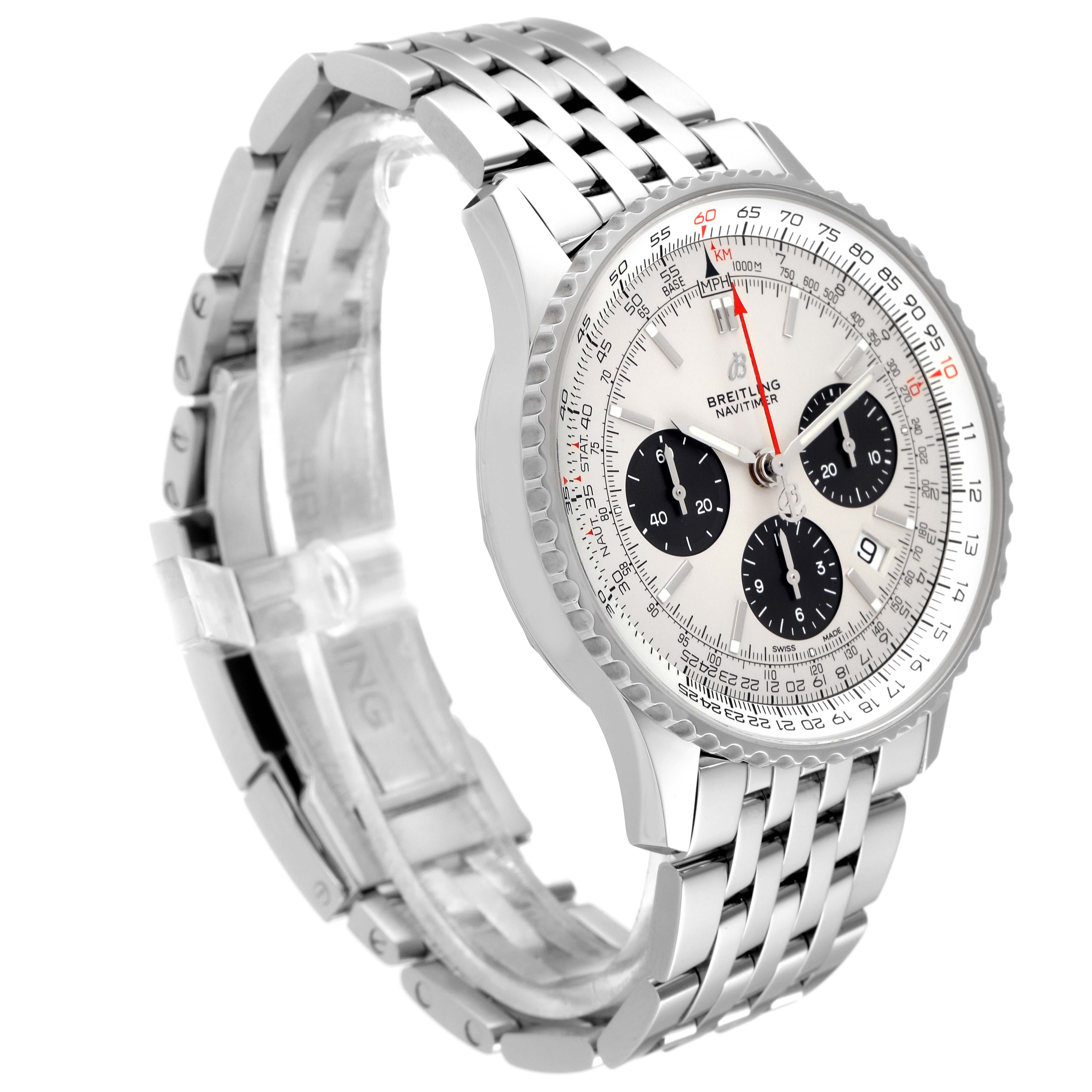The image shows a Breitling Navitimer AB0121 Men's Stainless Steel Silver Dial AB0121 Men's Stainless Steel Silver Dial watch at an angle, highlighting its face, bezel, and bracelet.