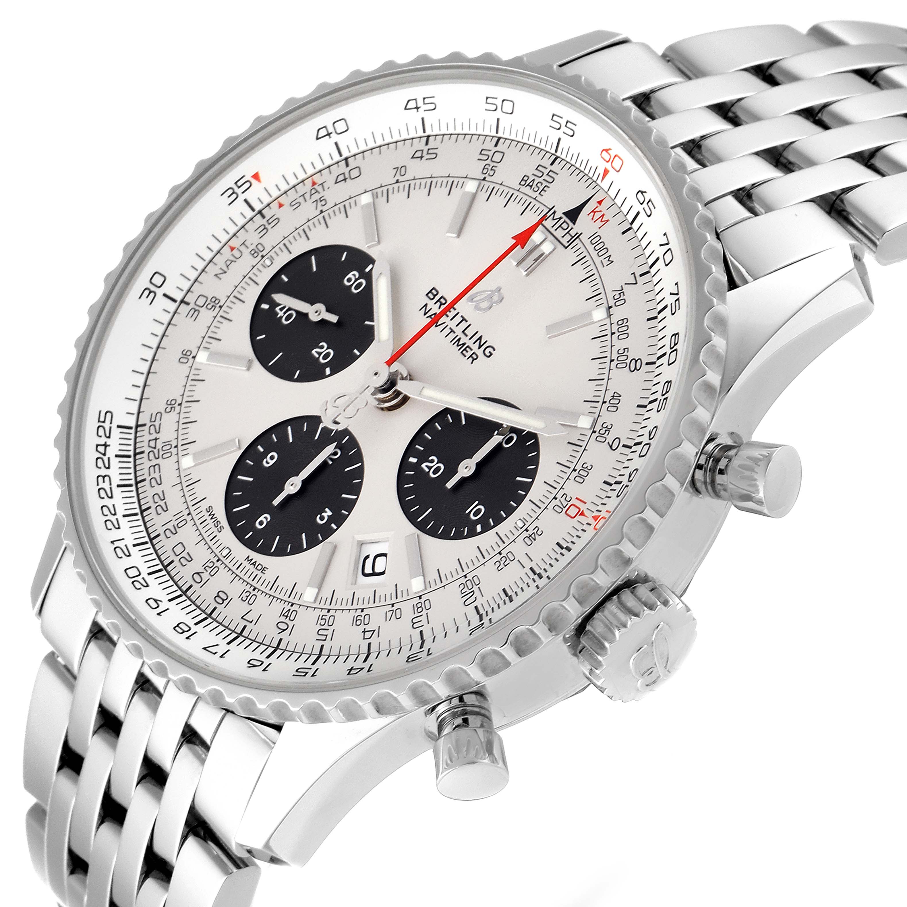 The image shows a close-up angled view of the Breitling Navitimer AB0121 Men's Stainless Steel Silver Dial AB0121 Men's Stainless Steel Silver Dial watch, highlighting its face, subdials, bezel, crown, and stainless steel strap.