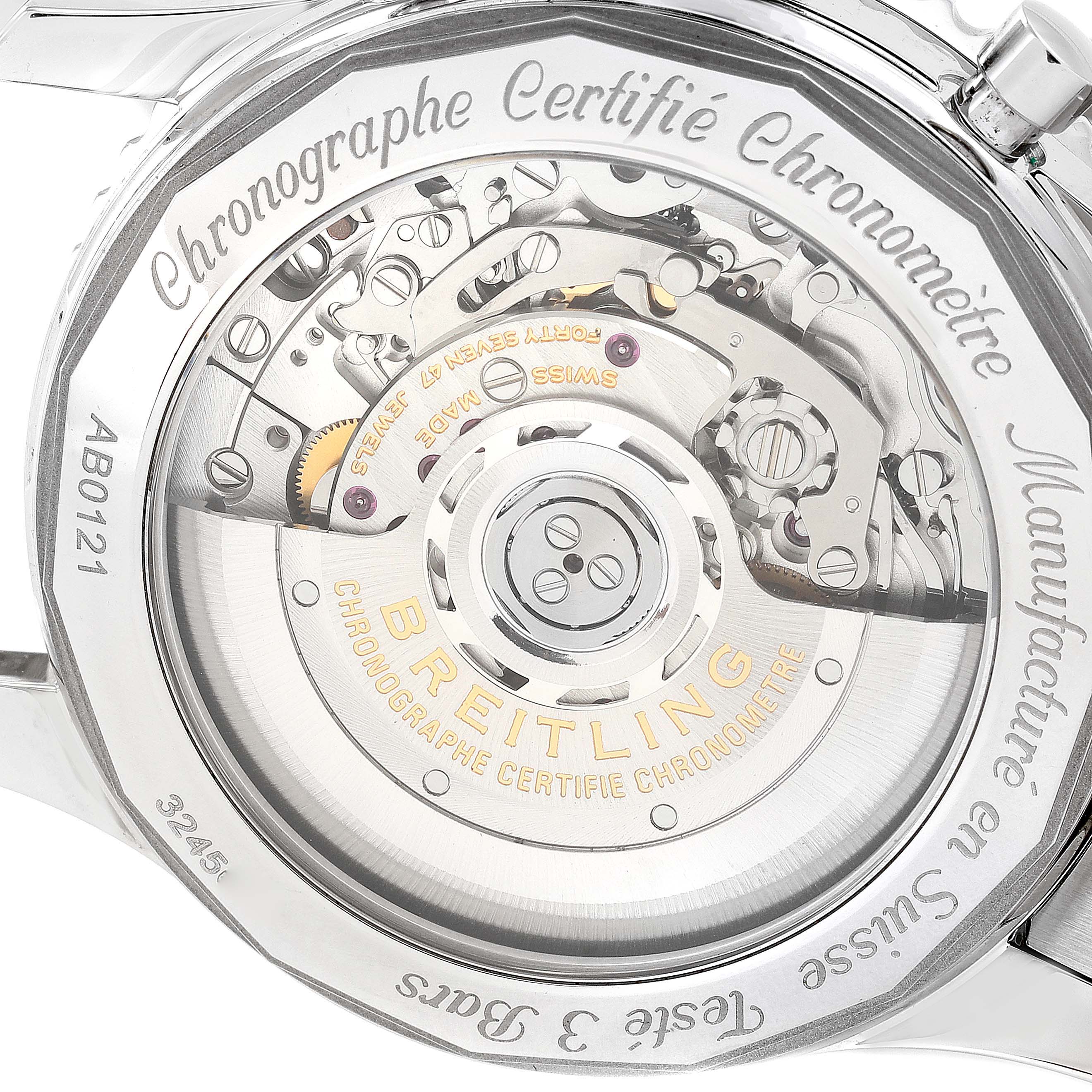 The image shows the back view of the Breitling Navitimer AB0121 Men's Stainless Steel Silver Dial AB0121 Men's Stainless Steel Silver Dial watch, revealing its intricate mechanical movement.